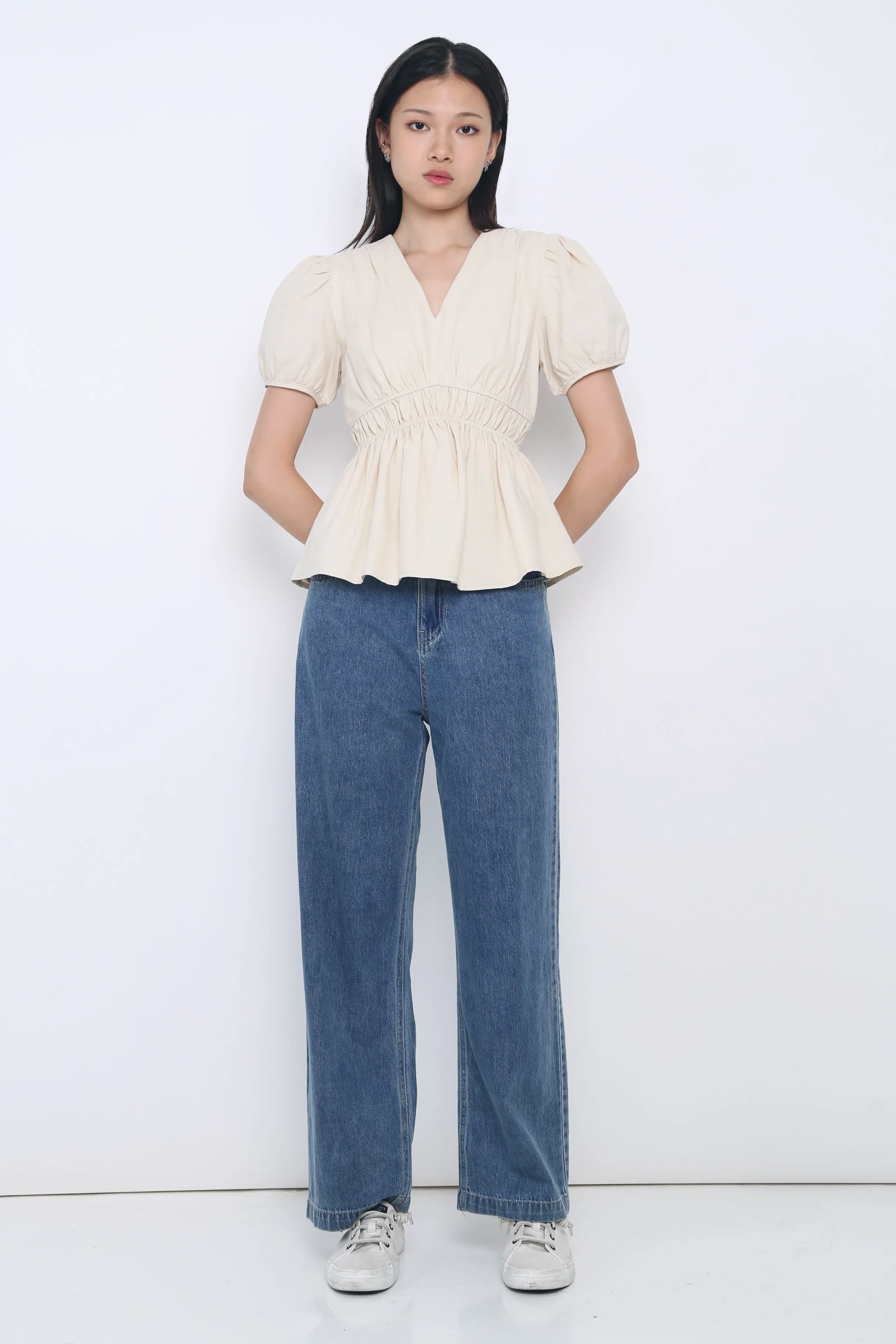 Ike V Neck Shirred Waist Blouse Cream Fitted Blouse Comfortable Wear