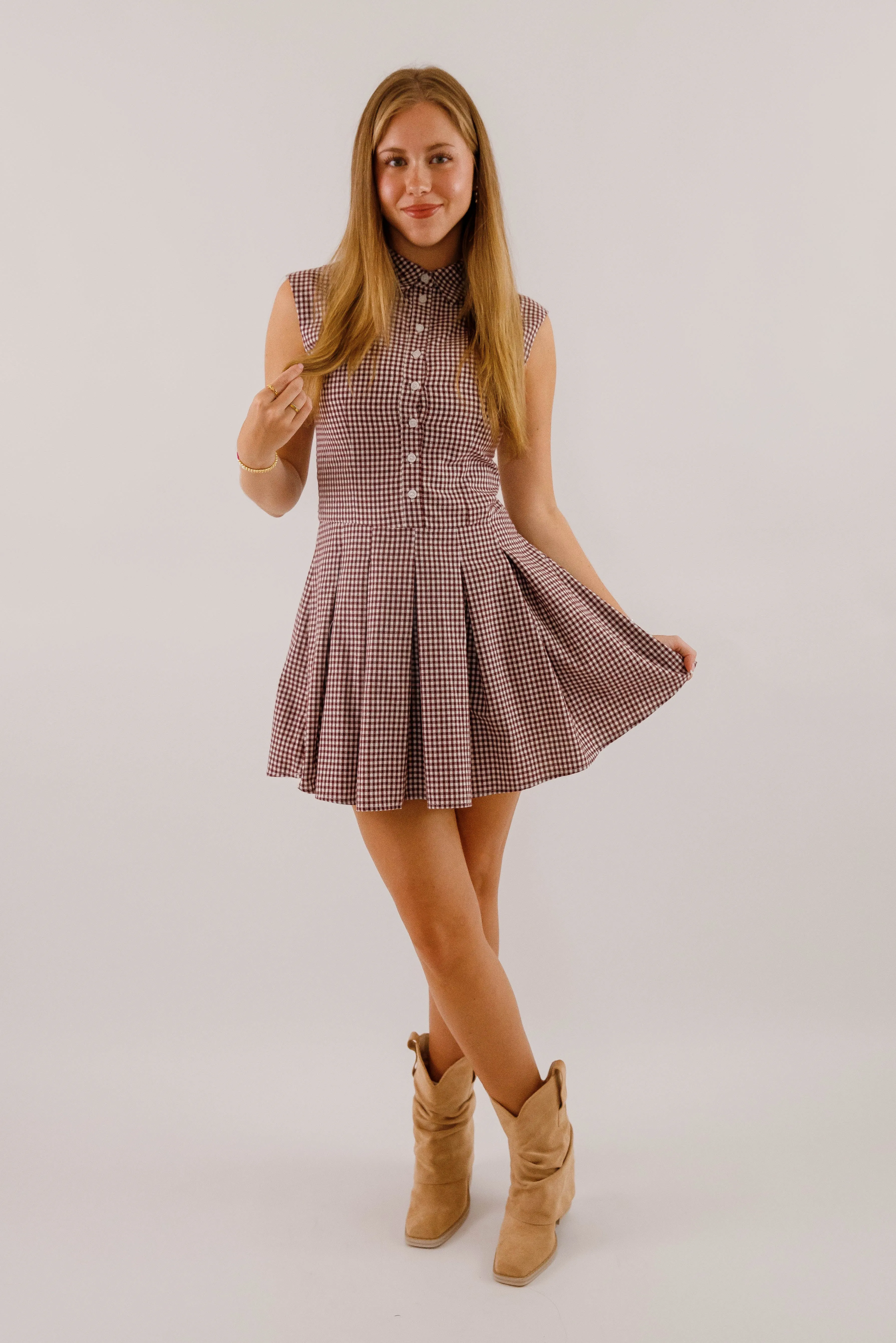 Not In My Nature Dress-Maroon Gingham Silky Silhouette All-season garment