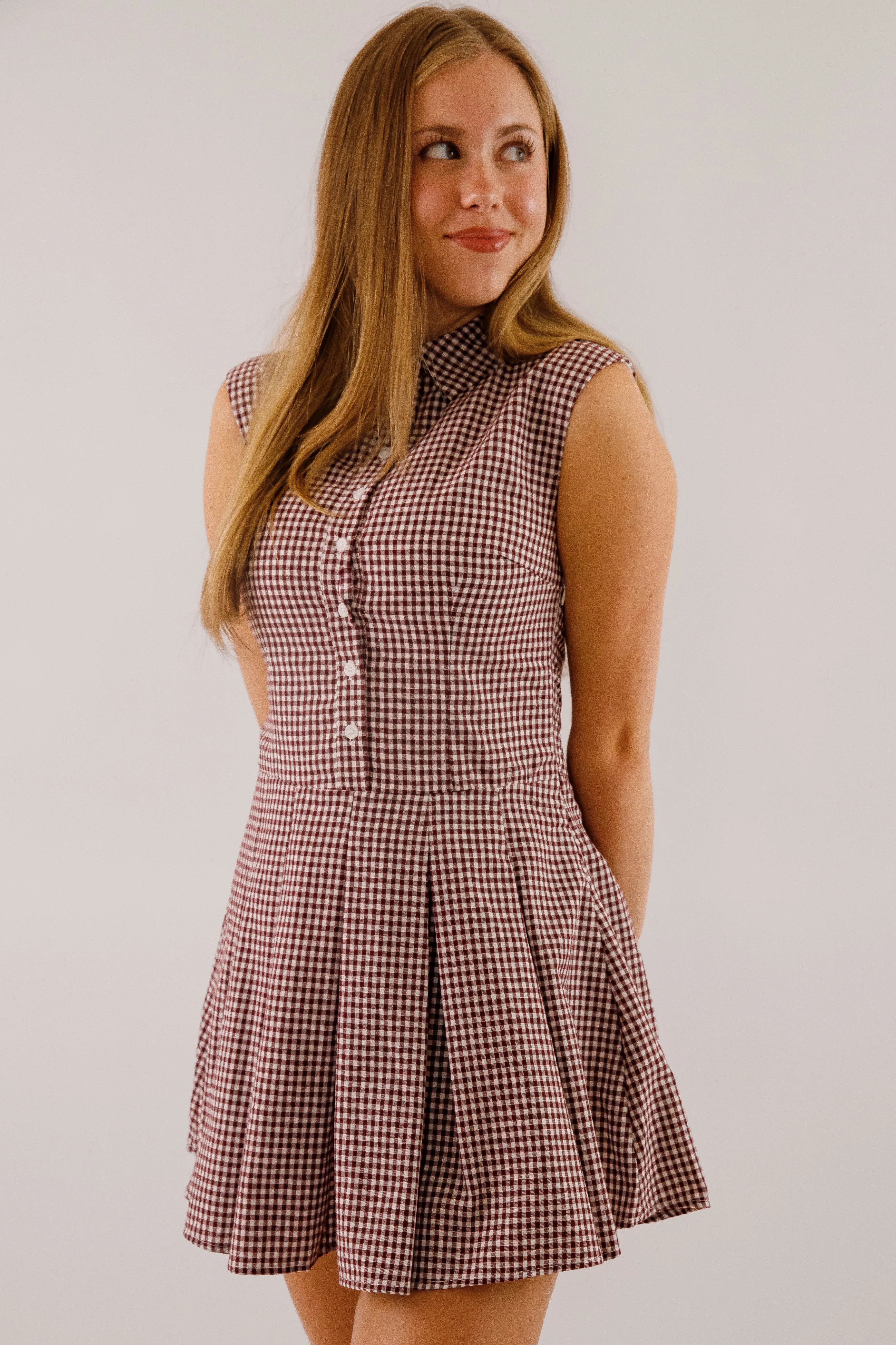 Not In My Nature Dress-Maroon Gingham Easy Draping