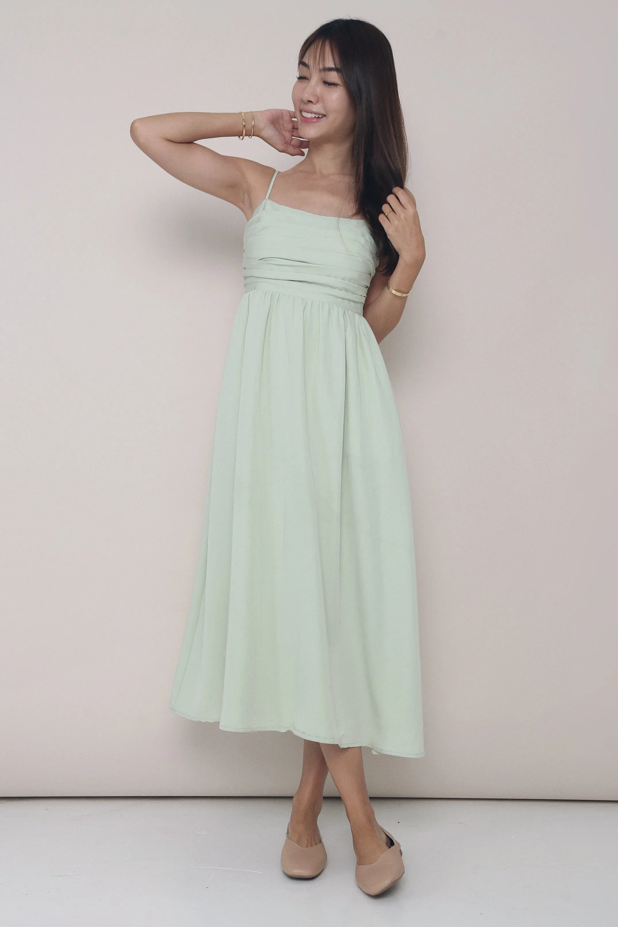 Flower Soft CNY Glennis Ruche Strappy Midi Dress Apple Mint