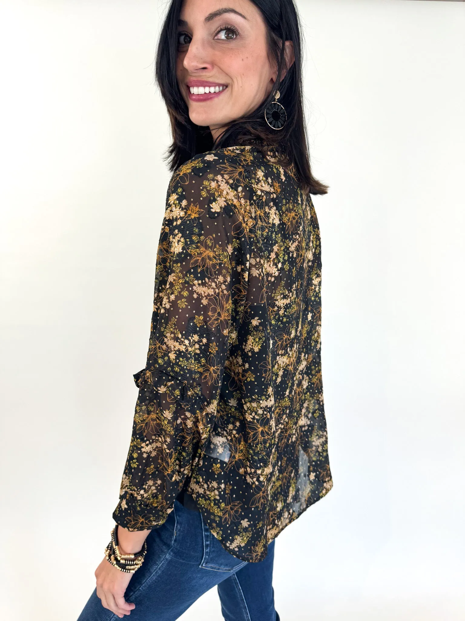 Customizable Option Comfortable Look Black & Gold Floral Blouse