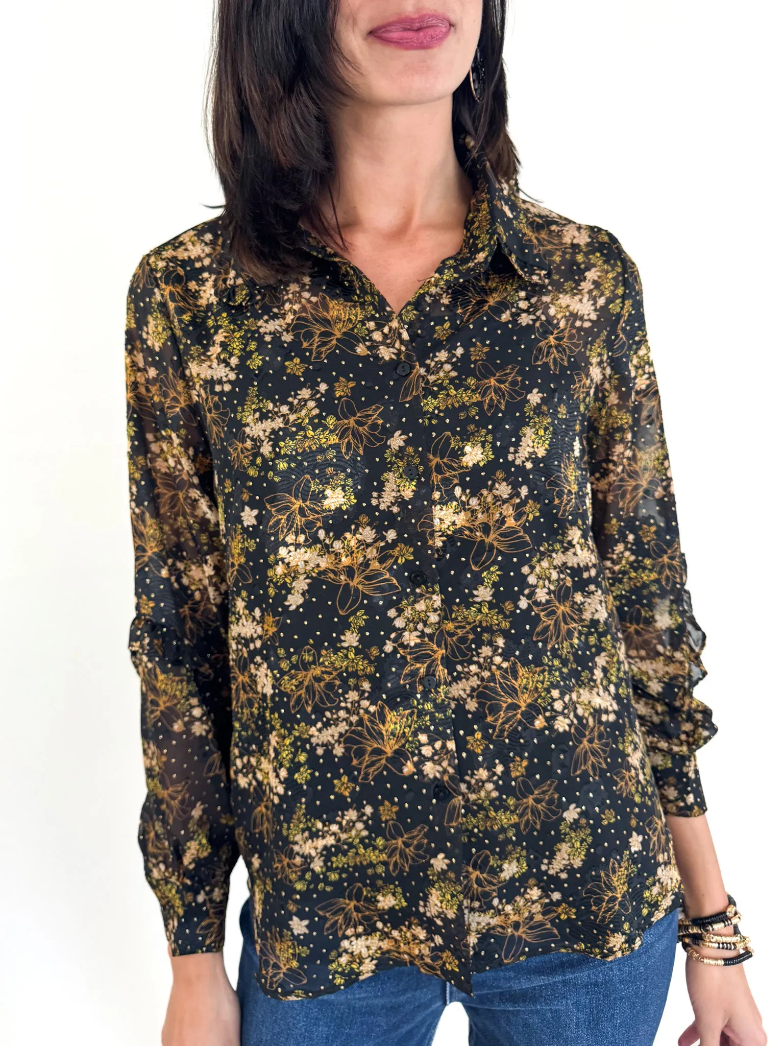 Relaxed Wear Versatile Fit Black & Gold Floral Blouse
