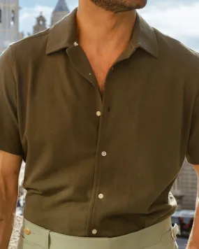 Layered Sleeve Cuffs Olive Green Linen Cotton Camp Collar T-Shirt