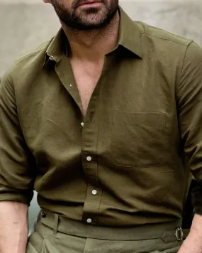Olive Green Linen Shirt Hidden Placket Embroidered Detail
