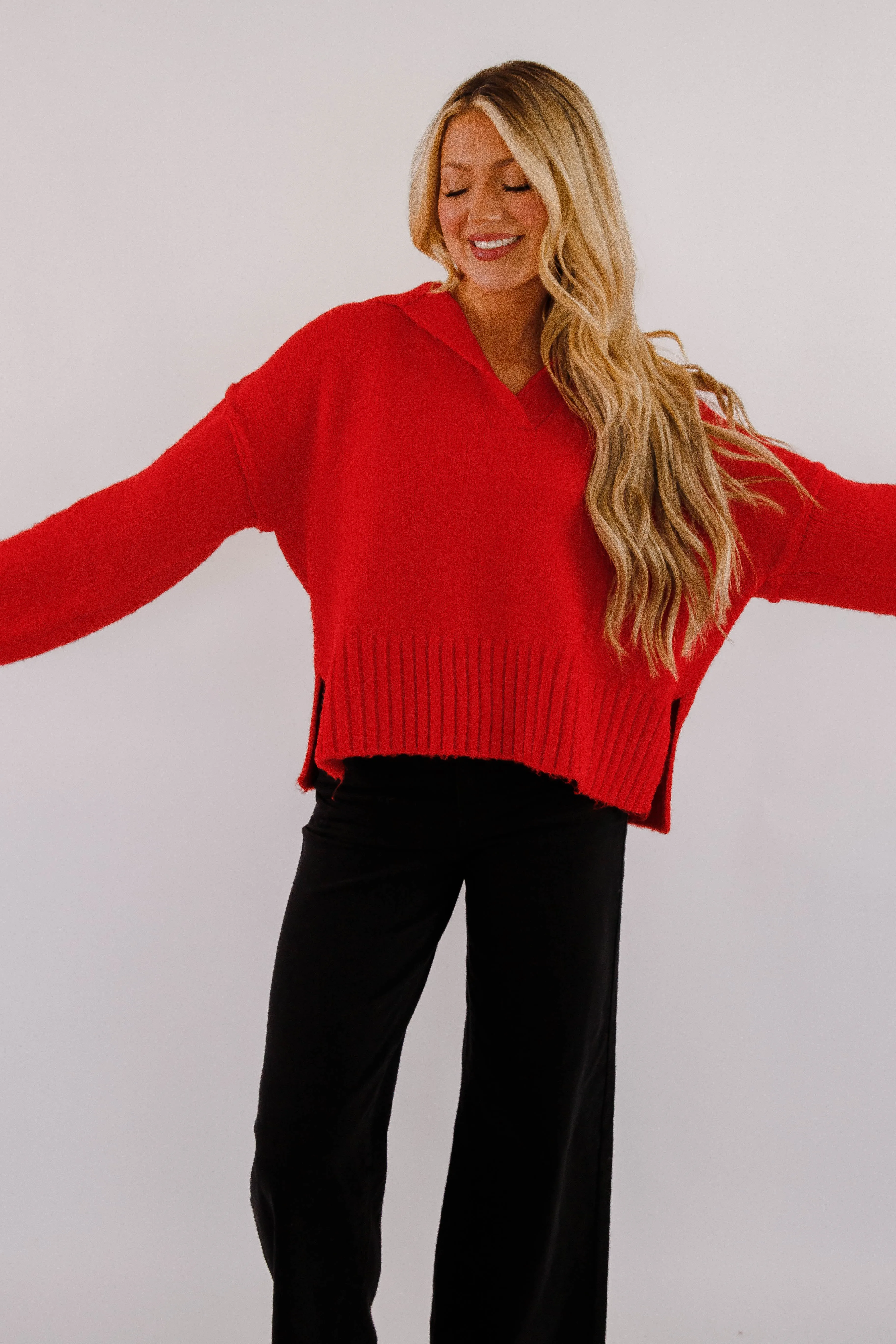 V neck Relaxed Comfort Wear On The Other Side Sweater-Red