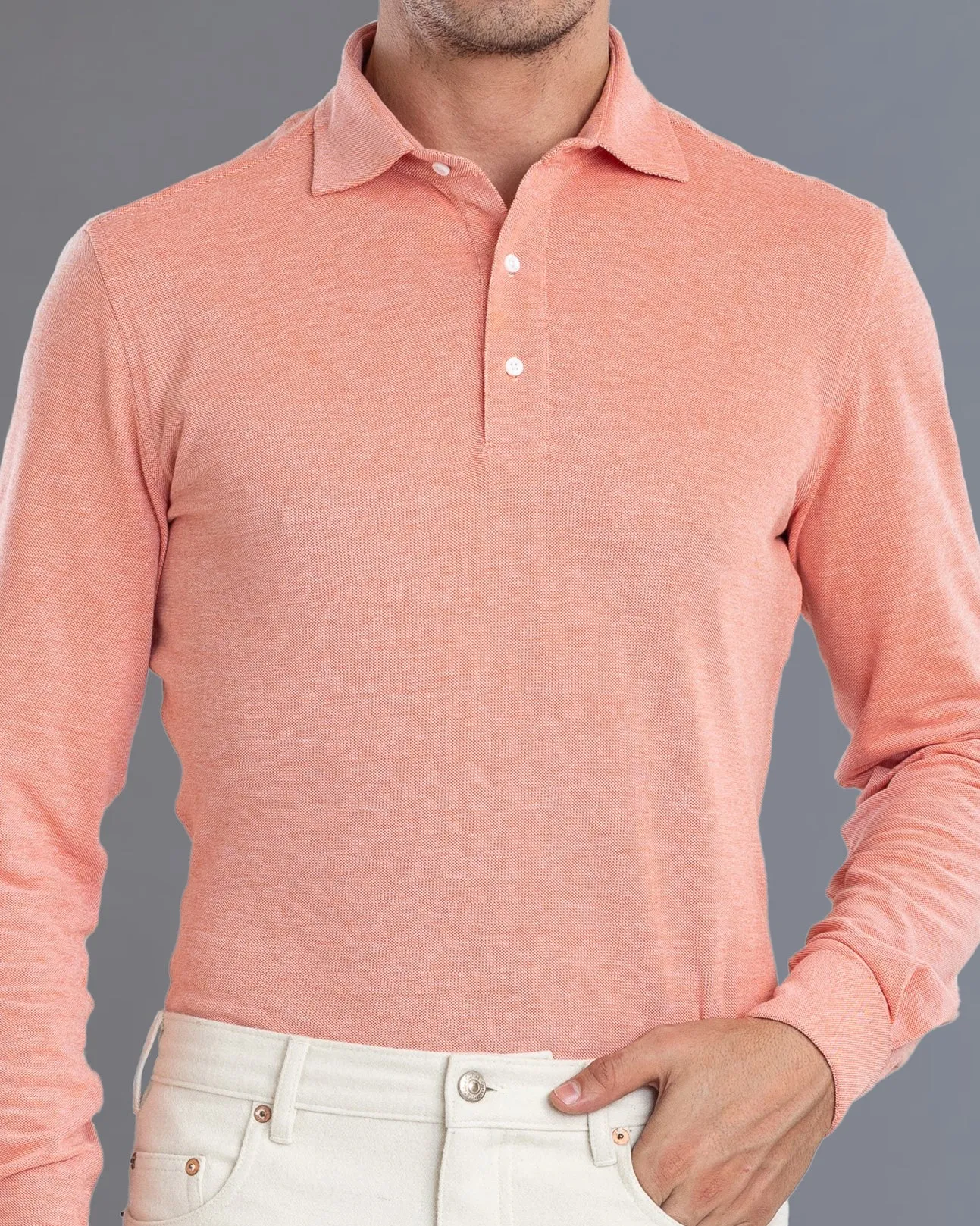 Orange White Heather Polo T-Shirt Chilly Weather Wear Ribbed Trim