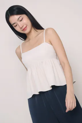 Neutral Tone Stitching High Collar Design Louvre Strappy Babydoll Top Ivory