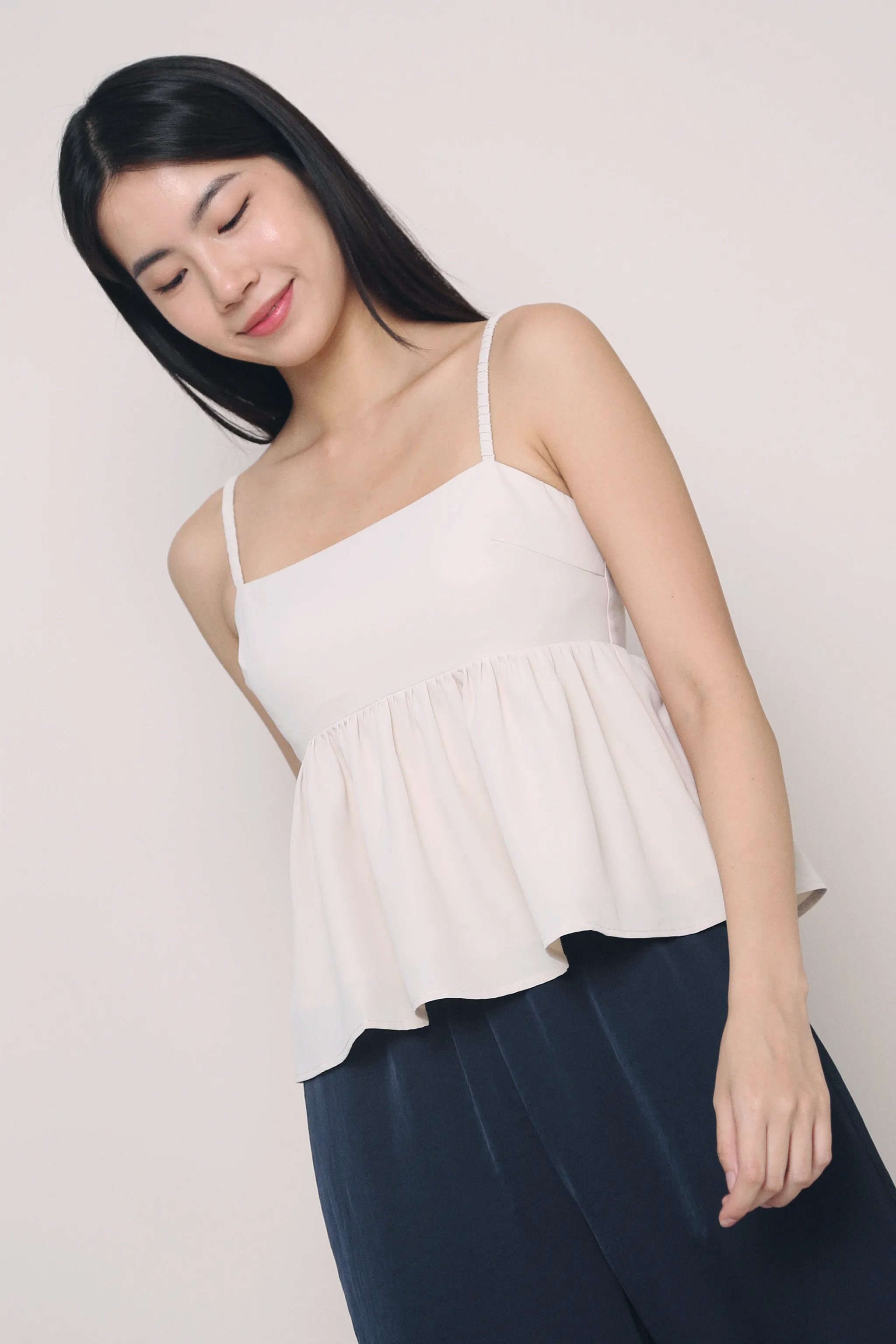 Neutral Tone Stitching High Collar Design Louvre Strappy Babydoll Top Ivory