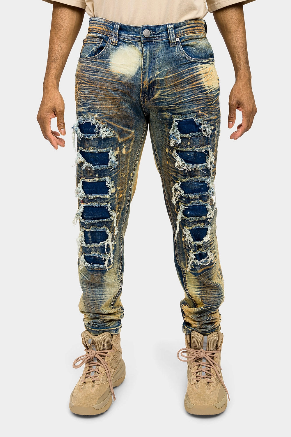 Sleek Look Distressed Heavy Dye Denim Jeans