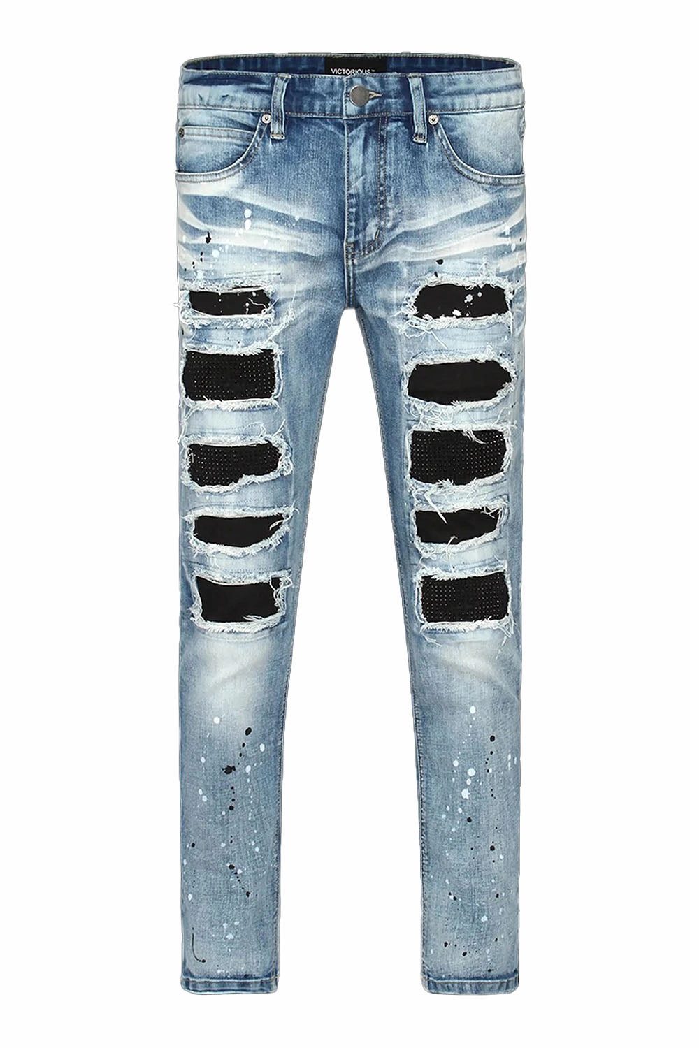 Body Aligned Adjustable Drawcord Paint Splatter Rhinestone Denim Jeans