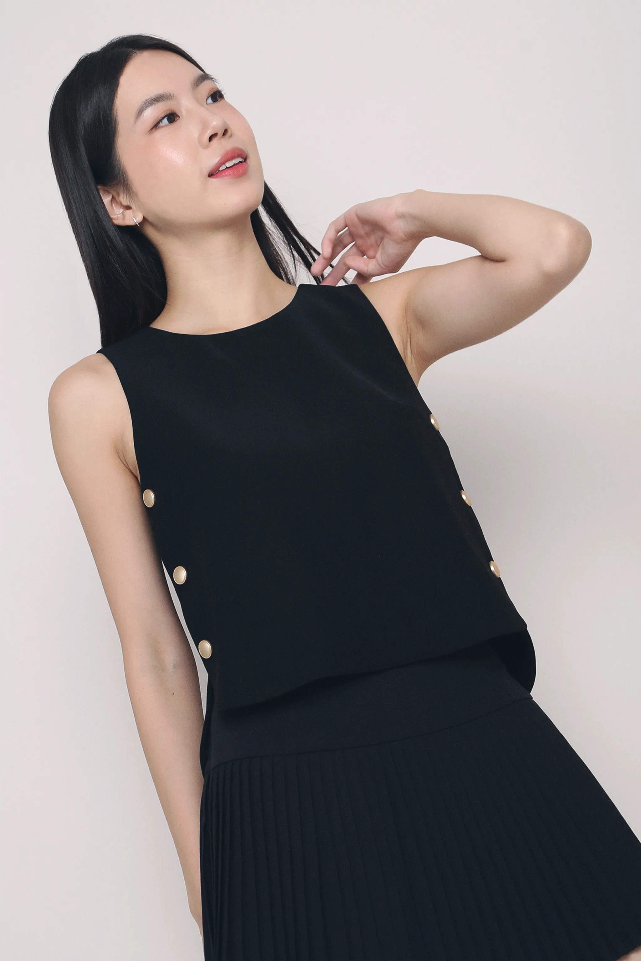 Parker Side Button Sleeveless Blouse Black Adjustable Cuffs