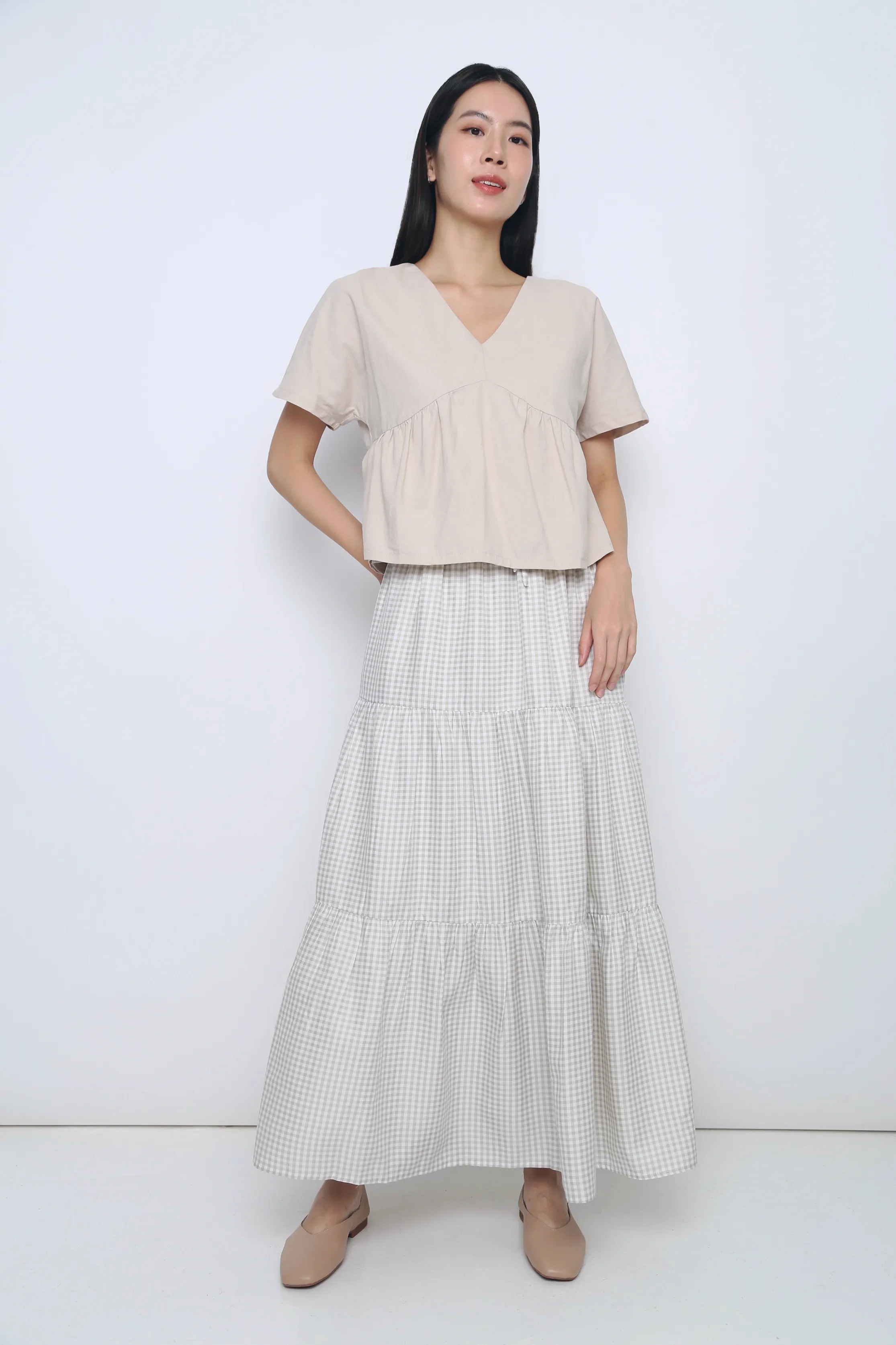 Bamboo Fiber Peltz Gingham Tiered Maxi Skirt Light Taupe