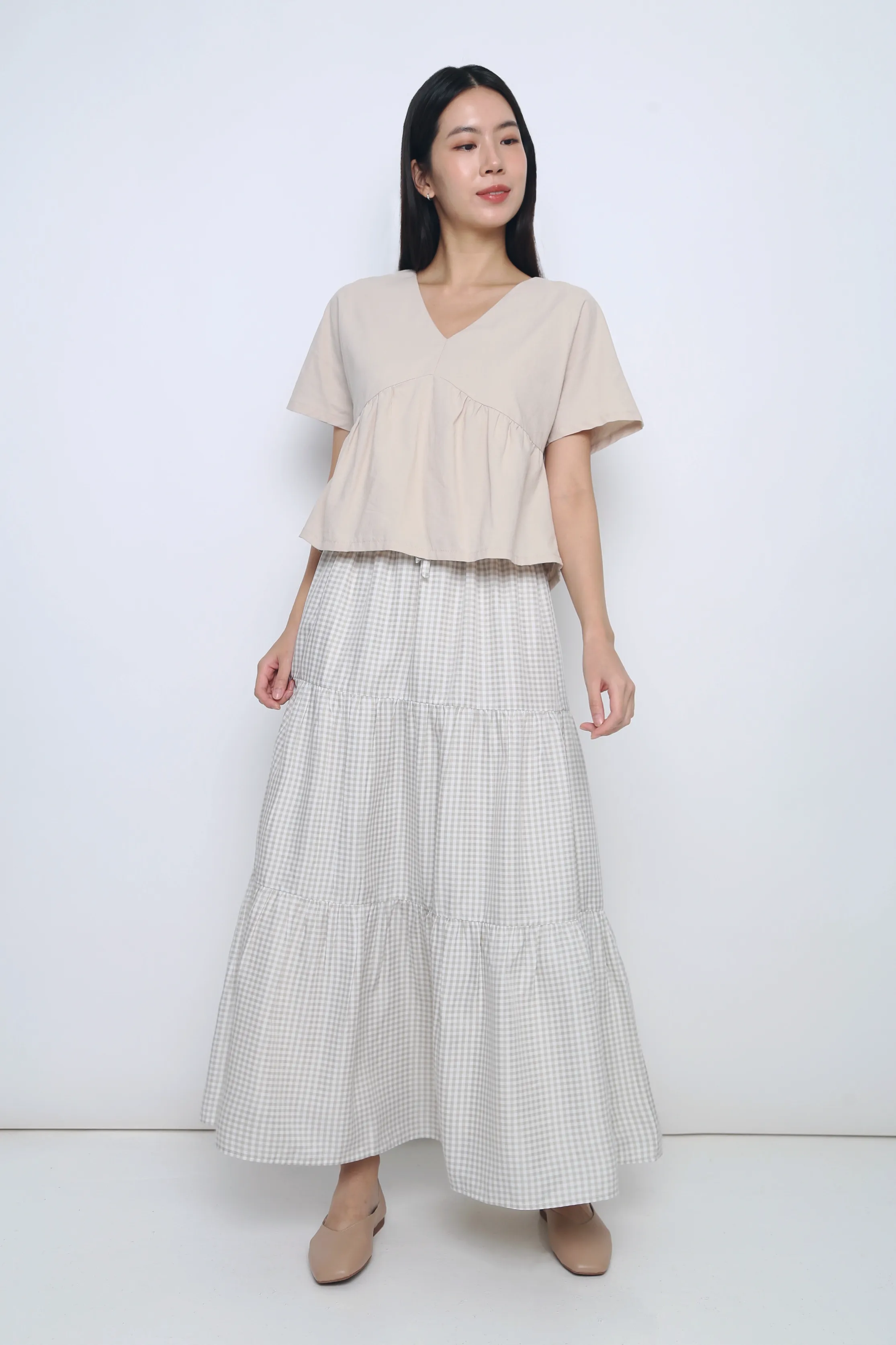 Peltz Gingham Tiered Maxi Skirt Light Taupe Casual Wear Smooth Layer