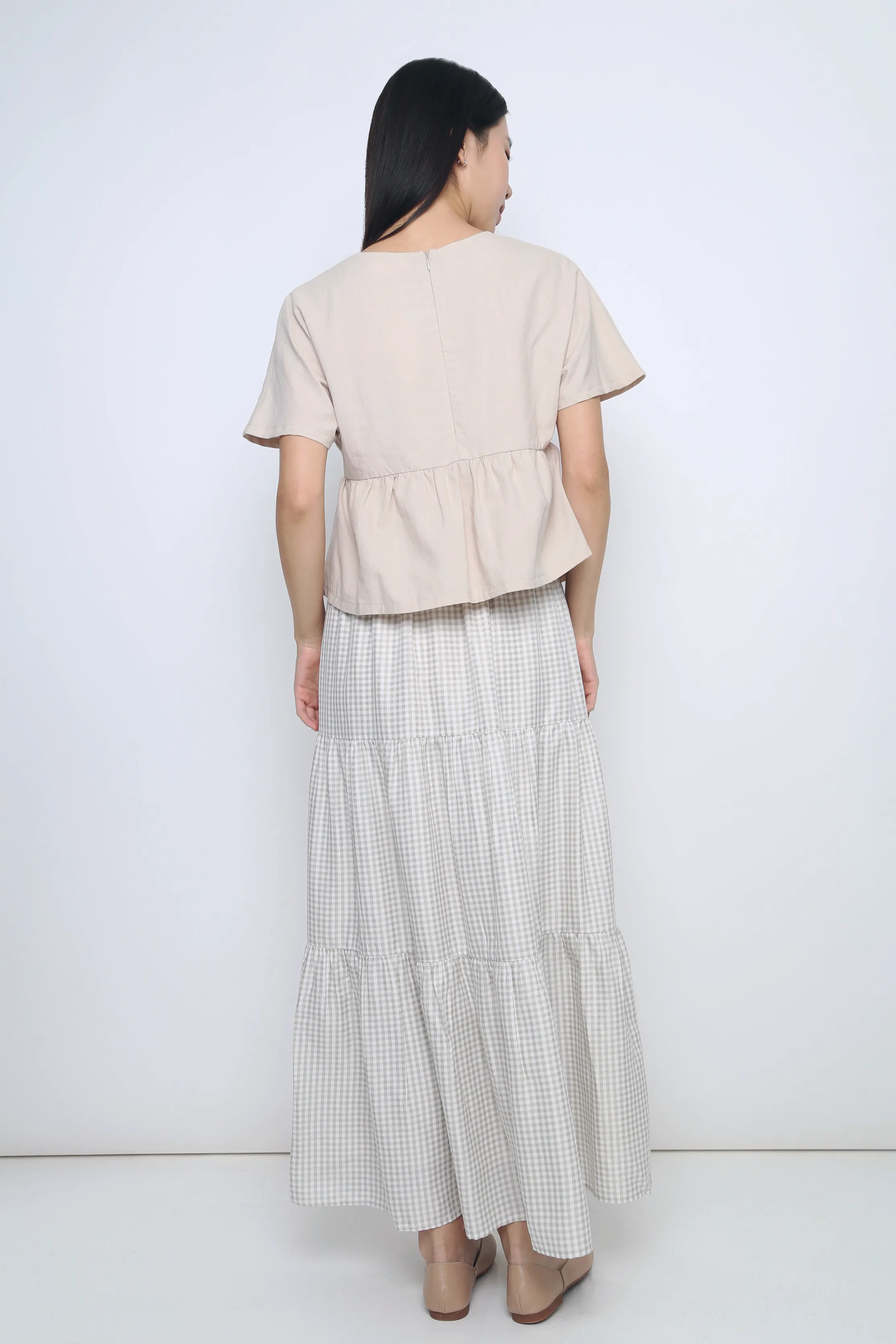 Peltz Gingham Tiered Maxi Skirt Light Taupe Sleek Appeal Weekend Favorite