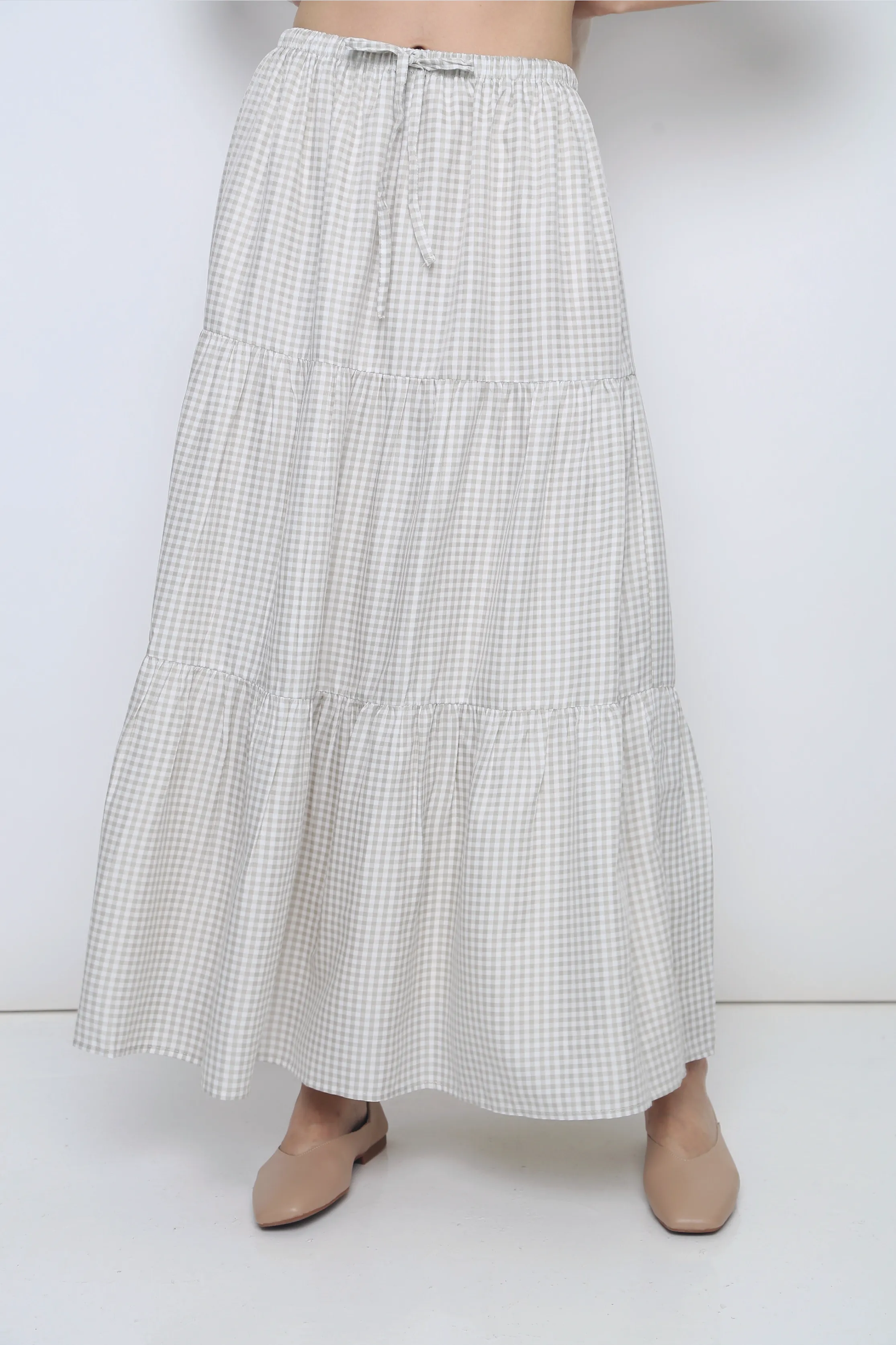 Peltz Gingham Tiered Maxi Skirt Light Taupe Soft Combo Modern Tones