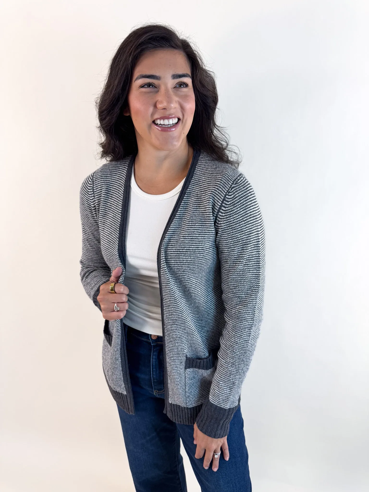 Relaxed Stretch Chilly Weather Knit Kayla Pinstripe Knitted Cardigan