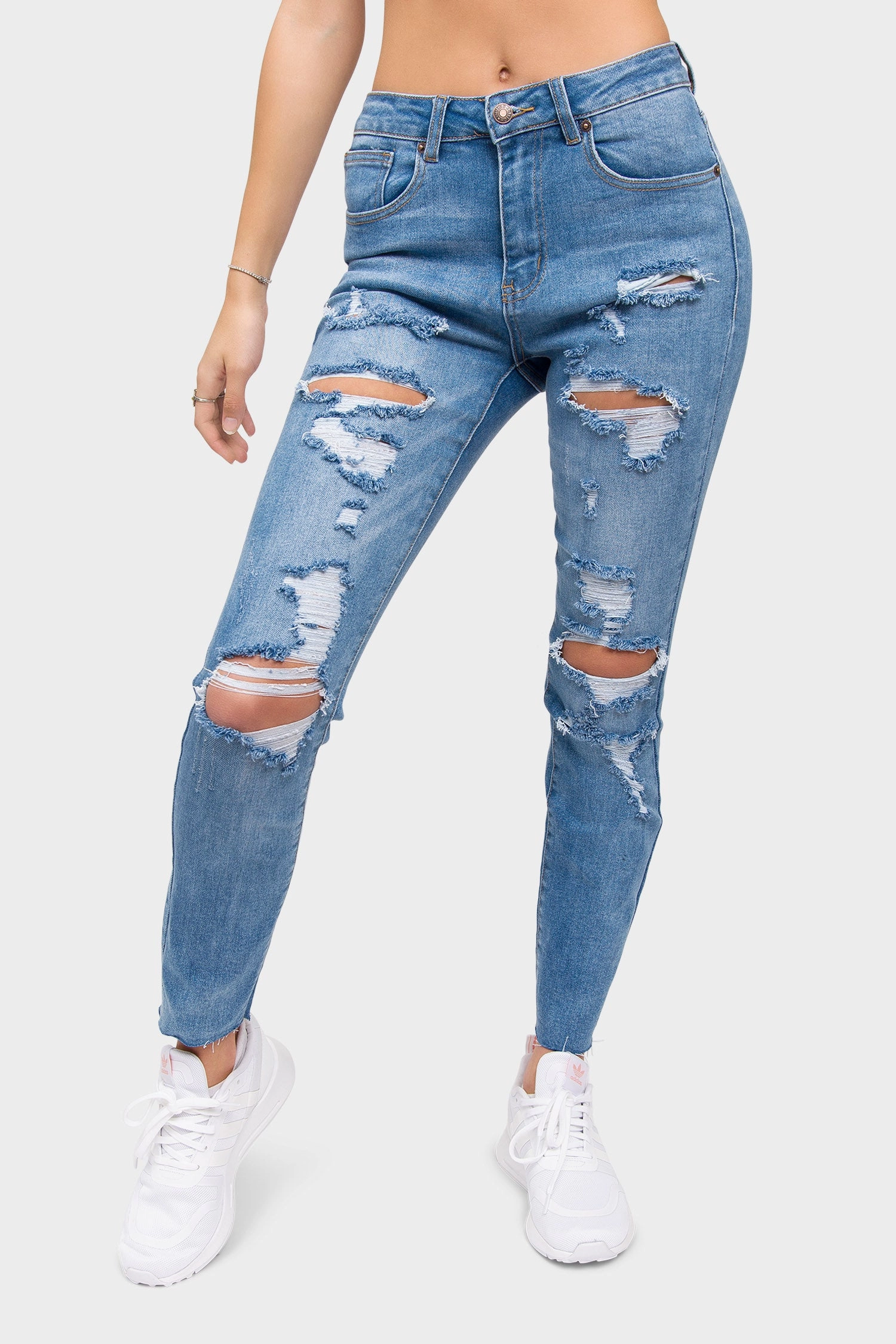 Casual Flex Destroyed High Rise Straight Jeans