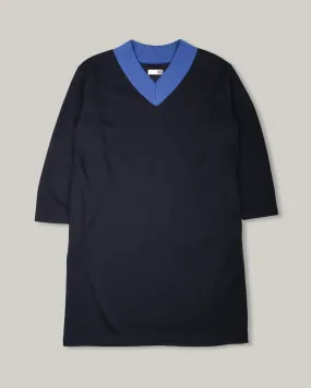 Bless Touch Flattering Waist Design TS(S) JERSEY COLOURED V-COLOUR NECK DRESS - NAVY