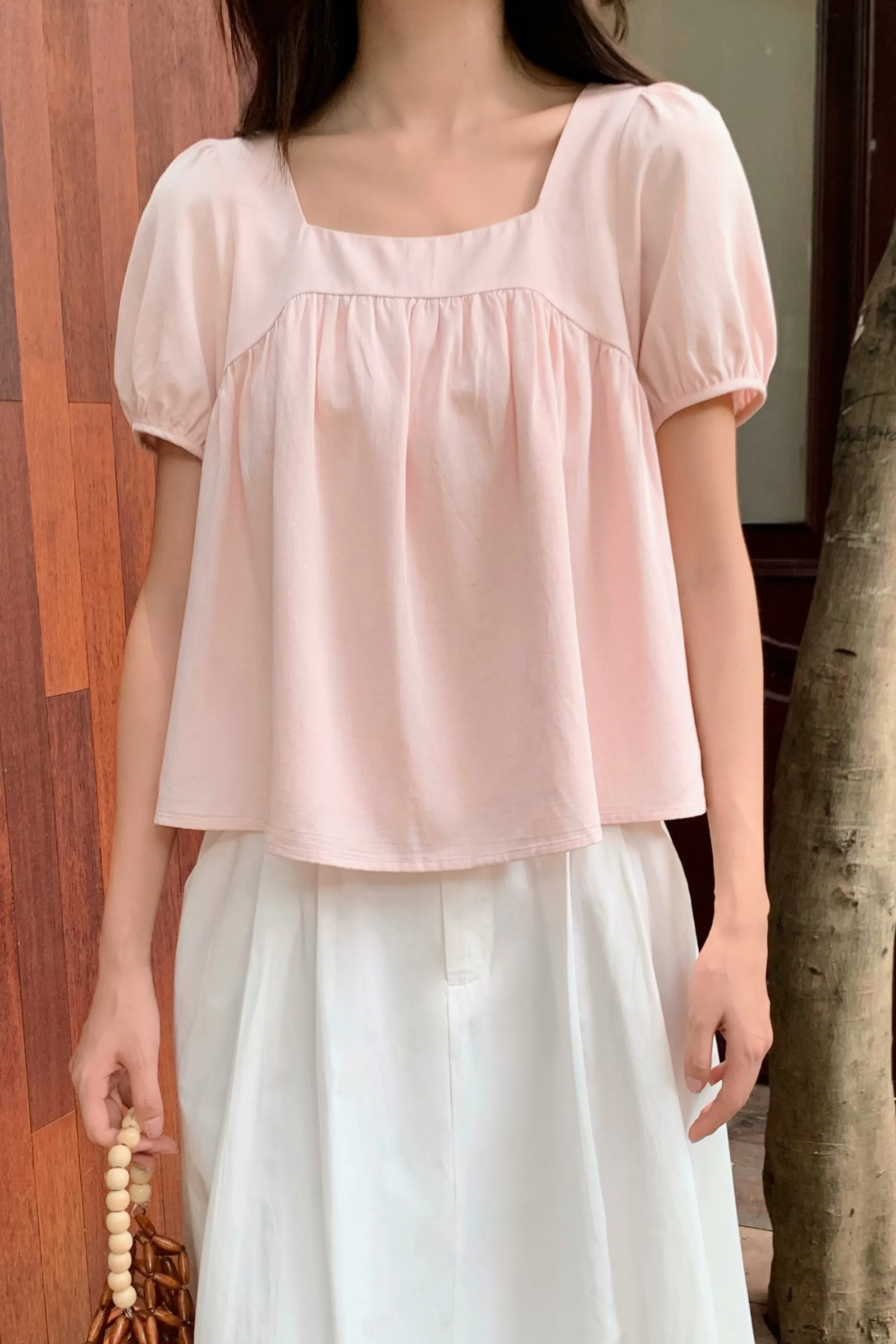 NonSlip Grip Tape Puff Flair Linen Blouse Blush Pink
