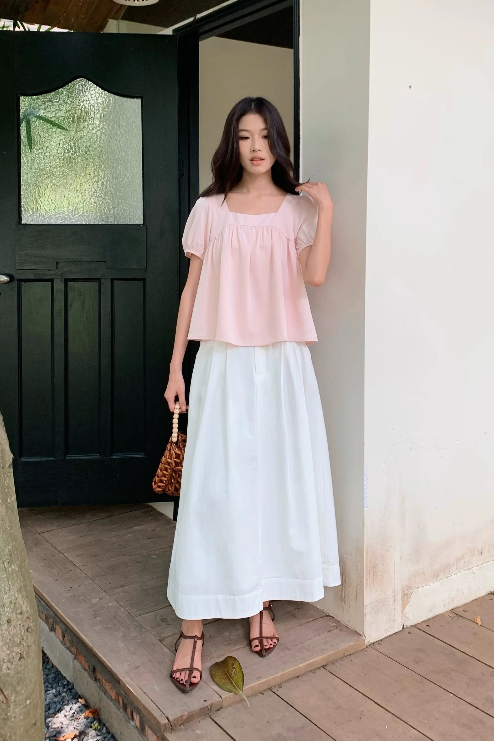 Puff Flair Linen Blouse Blush Pink Flexible Ribbed Cuffs Reinforced Neckline