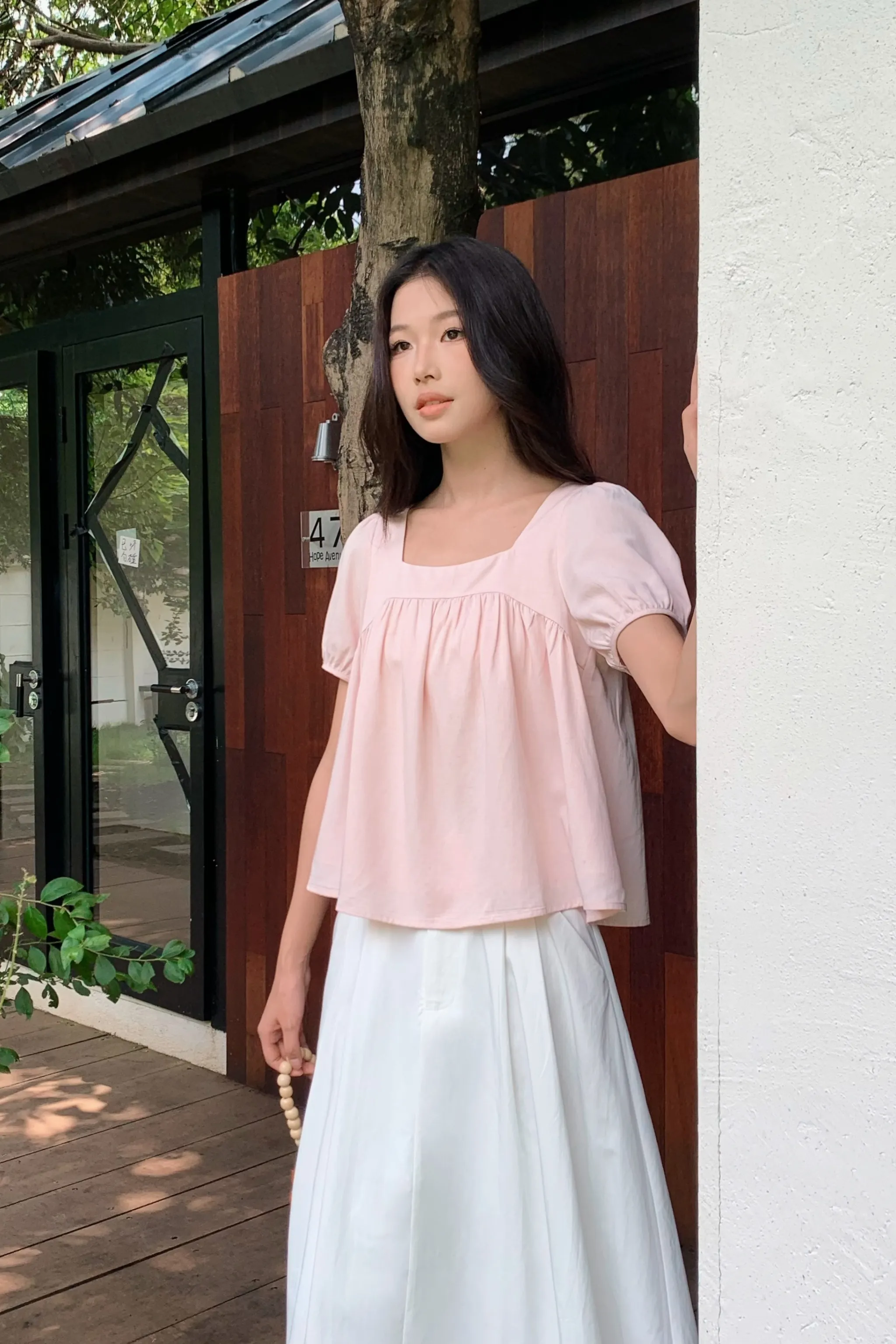 Puff Flair Linen Blouse Blush Pink MicrofiberBlend V-neck Blouse