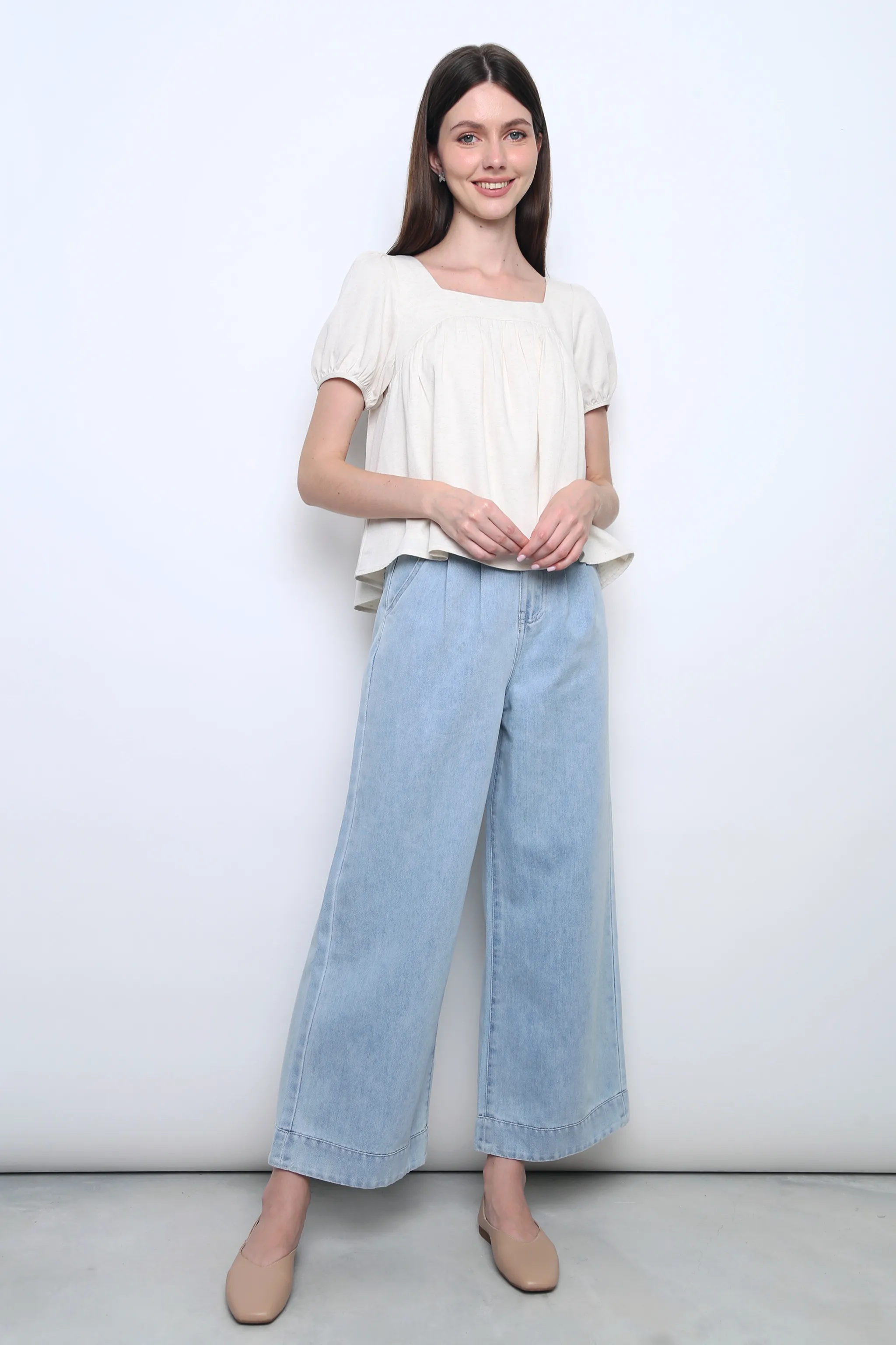 Puff Flair Linen Blouse Ivory Sustainable Production Certified Elegant Cardigan