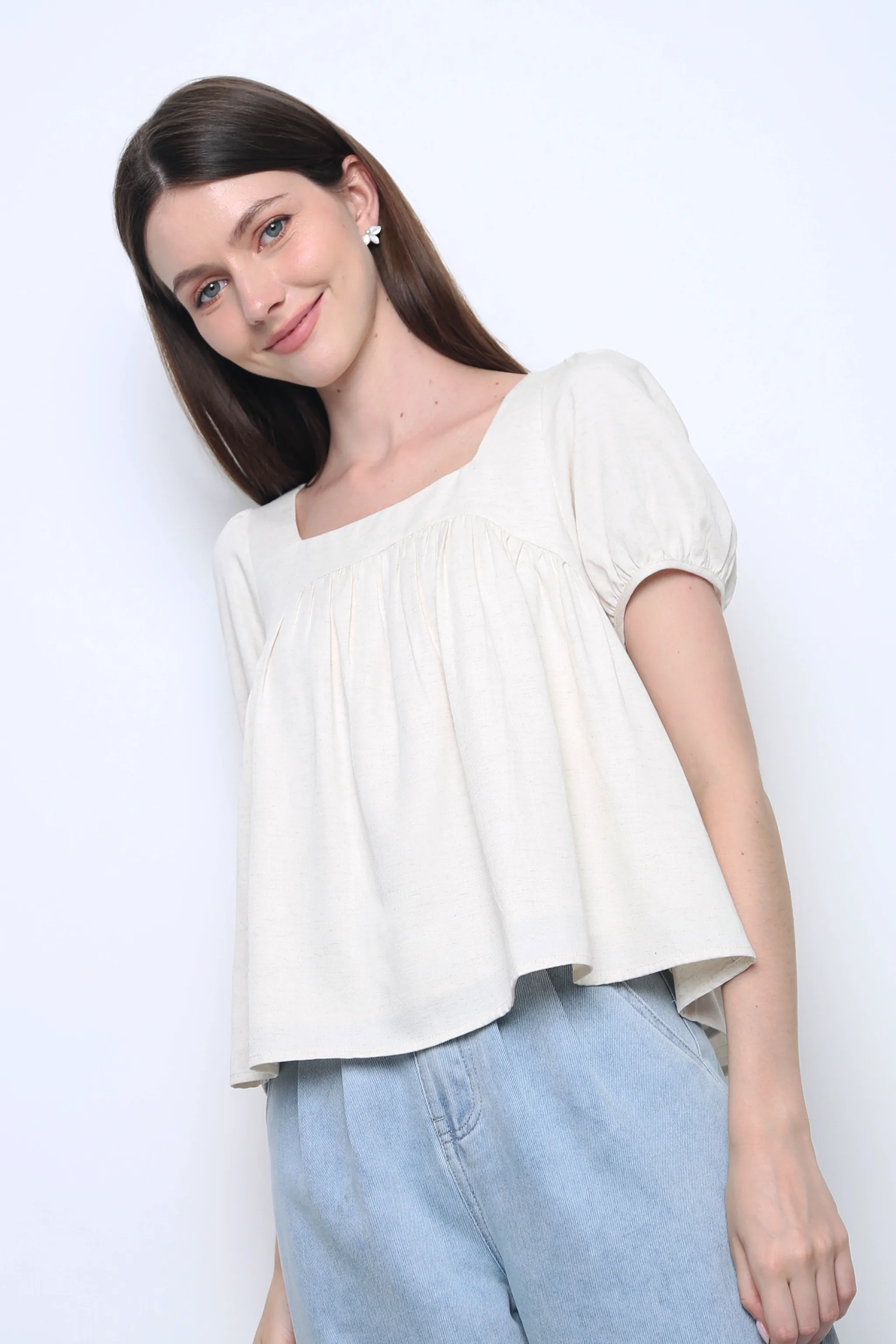 Puff Flair Linen Blouse Ivory Slim Fit Design NonChafe Lining