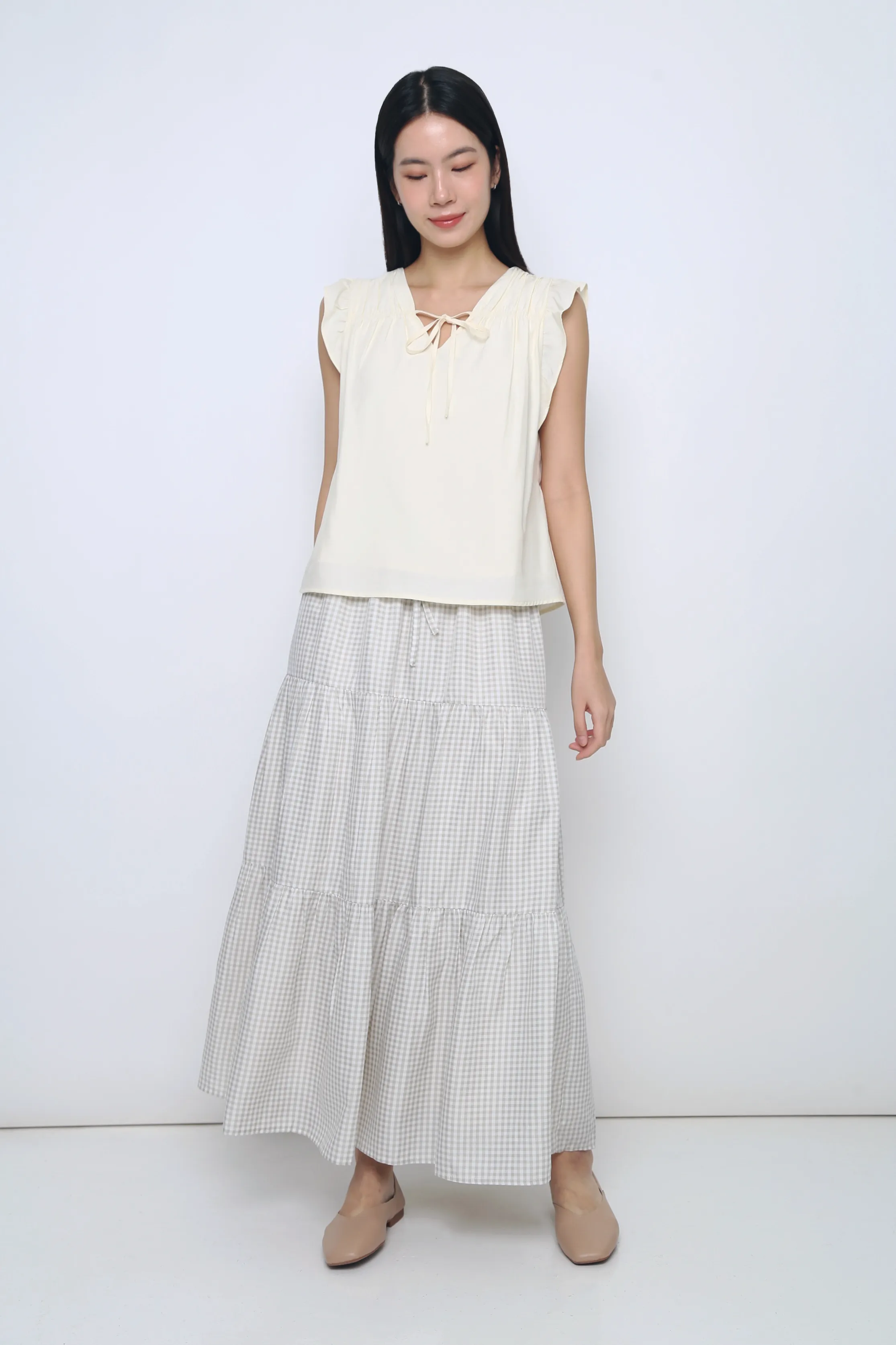 Hidden Button Placket Organic Cotton Blend Butterfly Ruffles Blouse Buttermilk