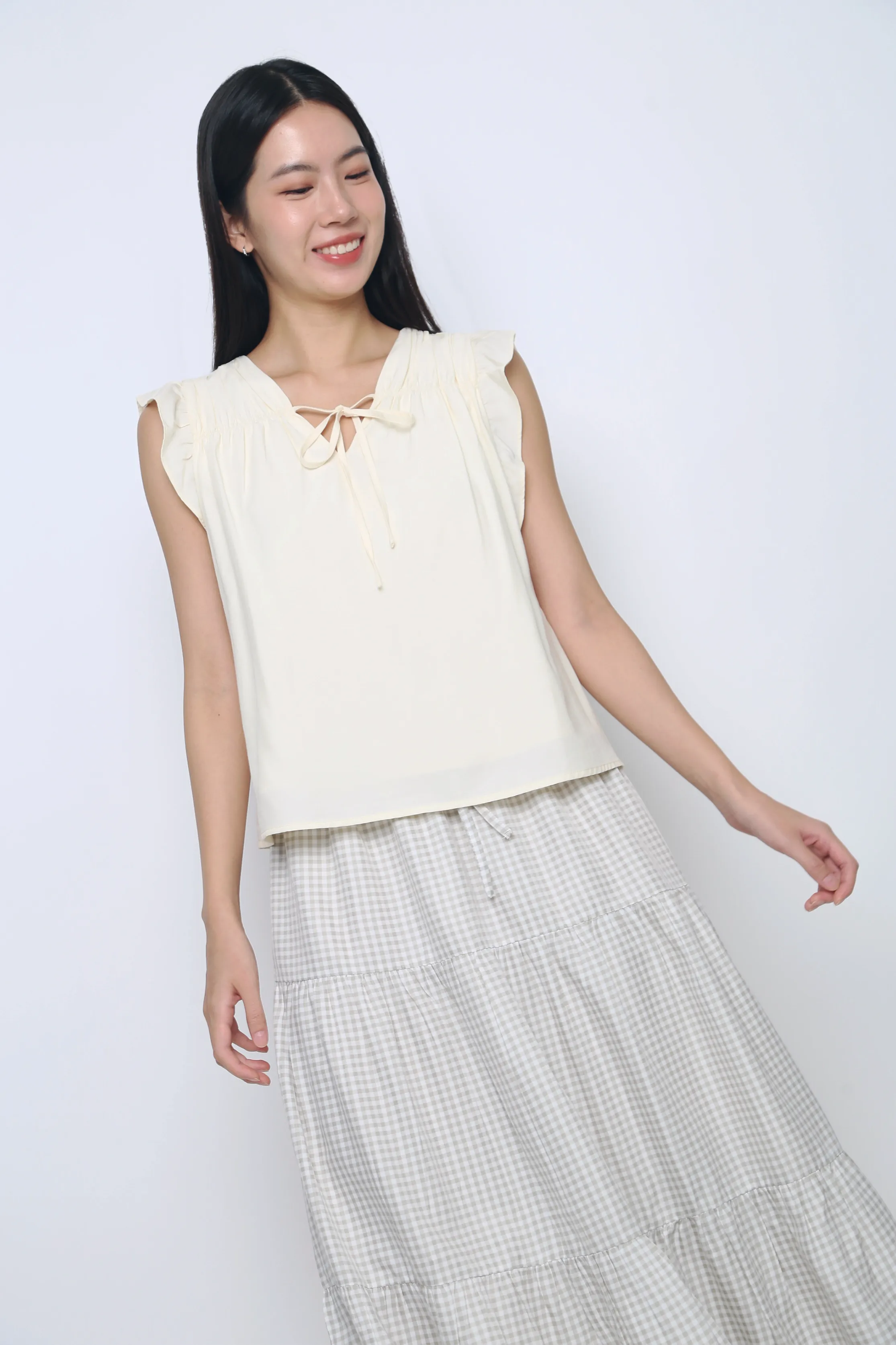 Durable Interlock Stitch Reverseble Design Butterfly Ruffles Blouse Buttermilk