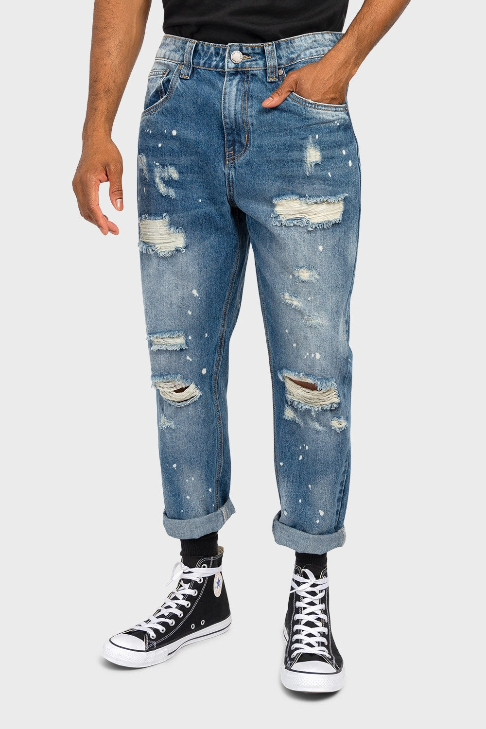 Stretchable Fabric Distressed Paint Splatter Cropped Denim Jeans