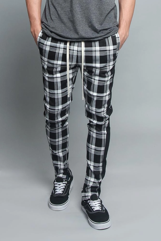 Wrinkle-Resistant Plaid Track Pants