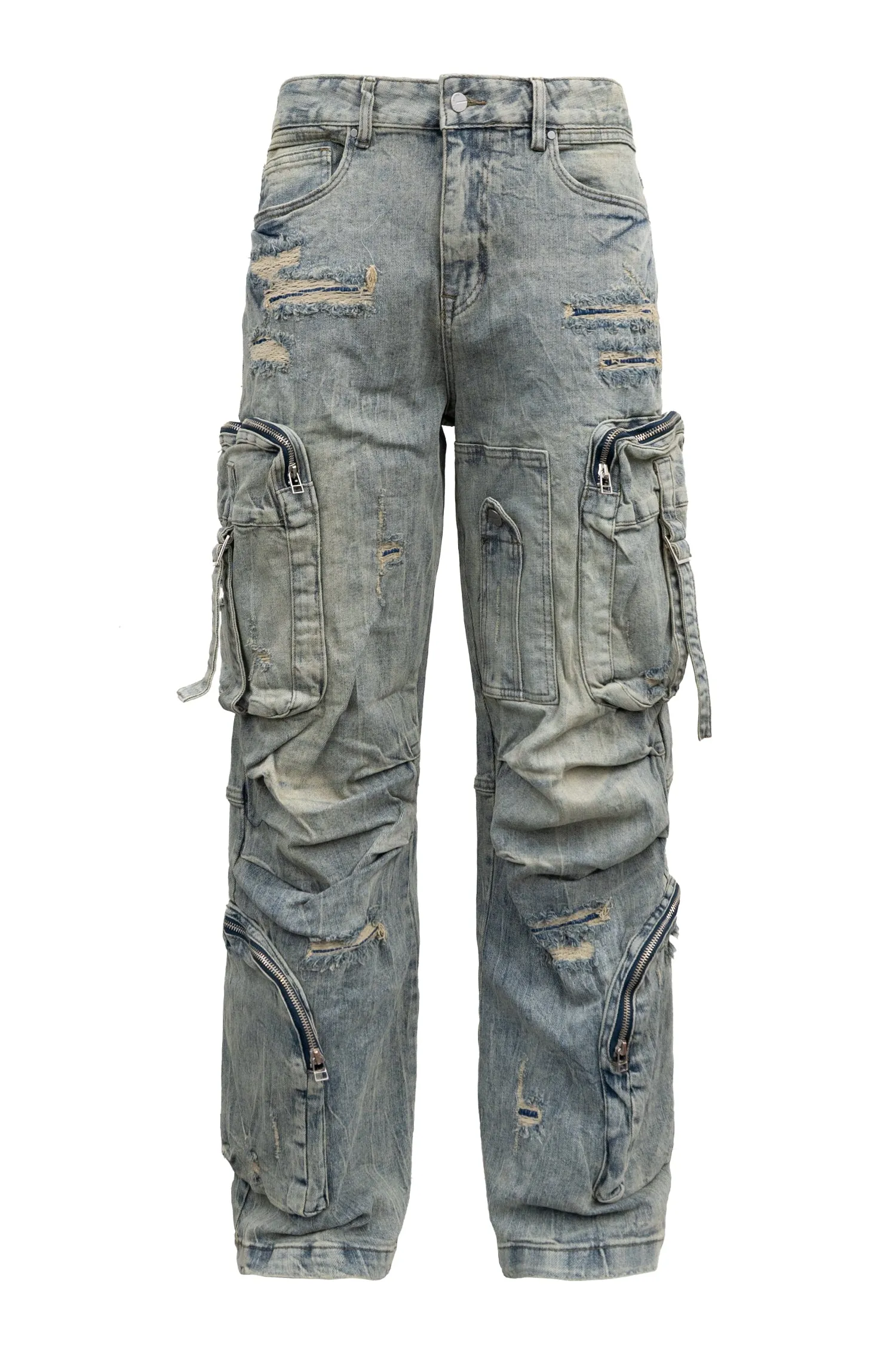 DoubleLayeredHem Y2K Washed Wide Fit utility Cargo Baggy Denim Pants