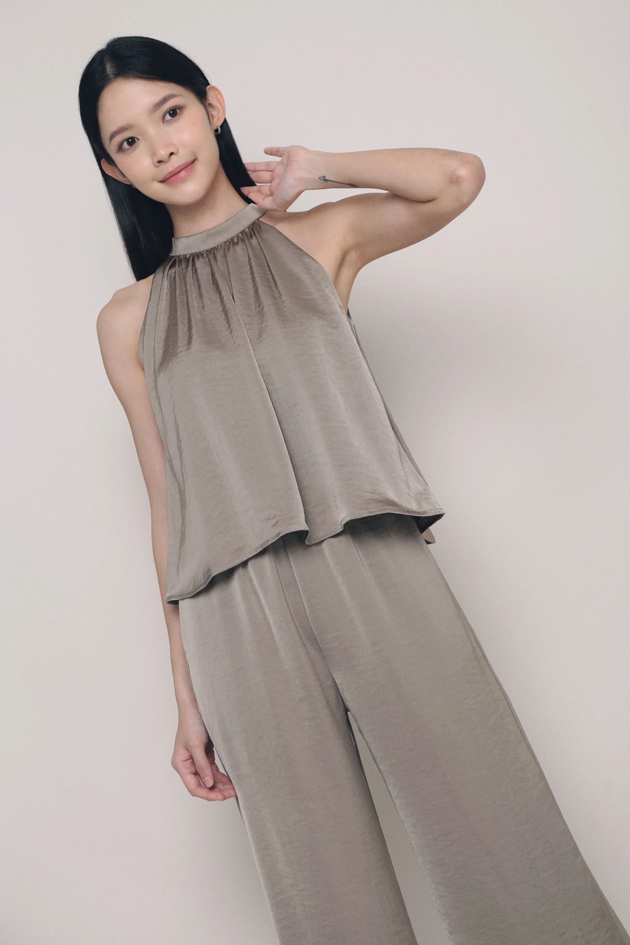 Garment Dyed Finish Ramsie High Neck Sleeveless Blouse Taupe
