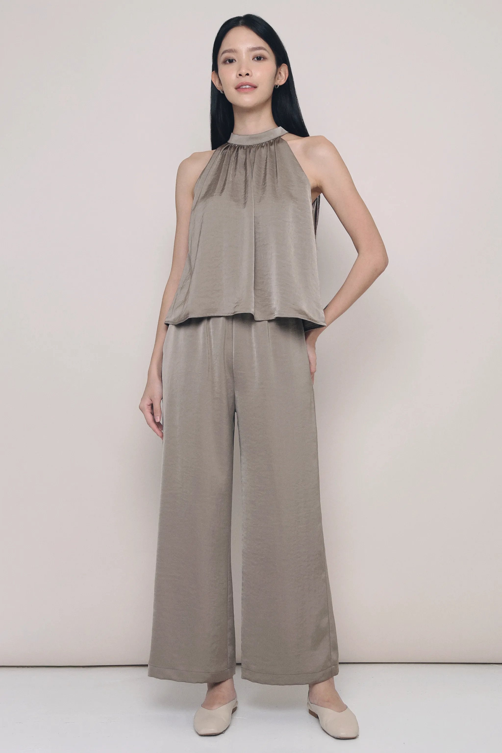 Ramsie High Neck Sleeveless Blouse Taupe Microfiber texture