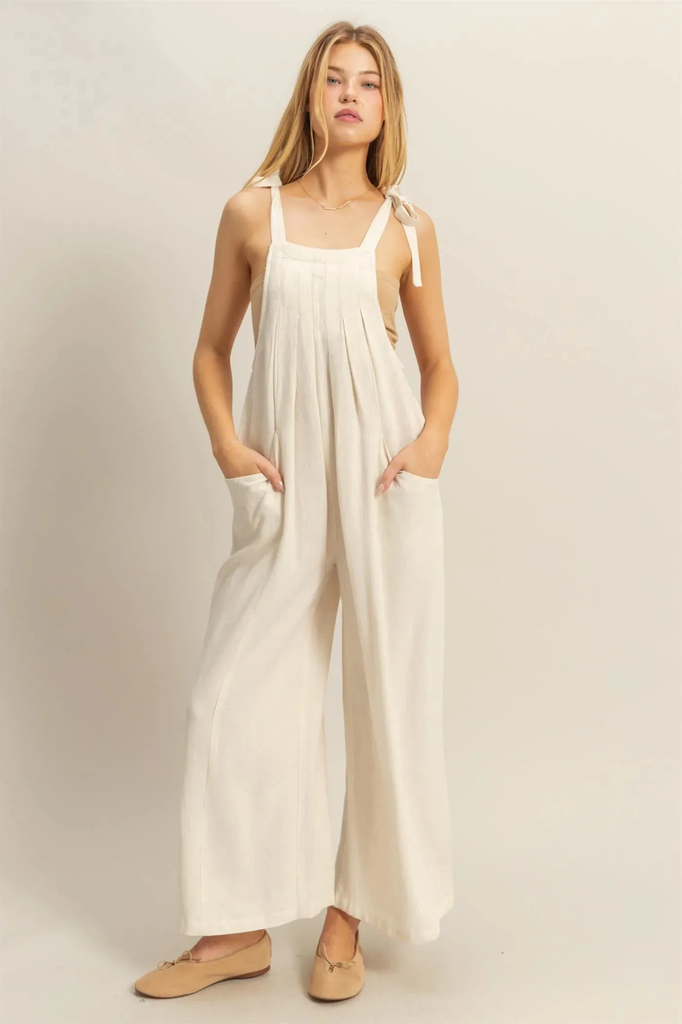 Comfortable Waistband Relaxed Style Weekend Style High Quality Linen Tie Shoulder Jumpsuit