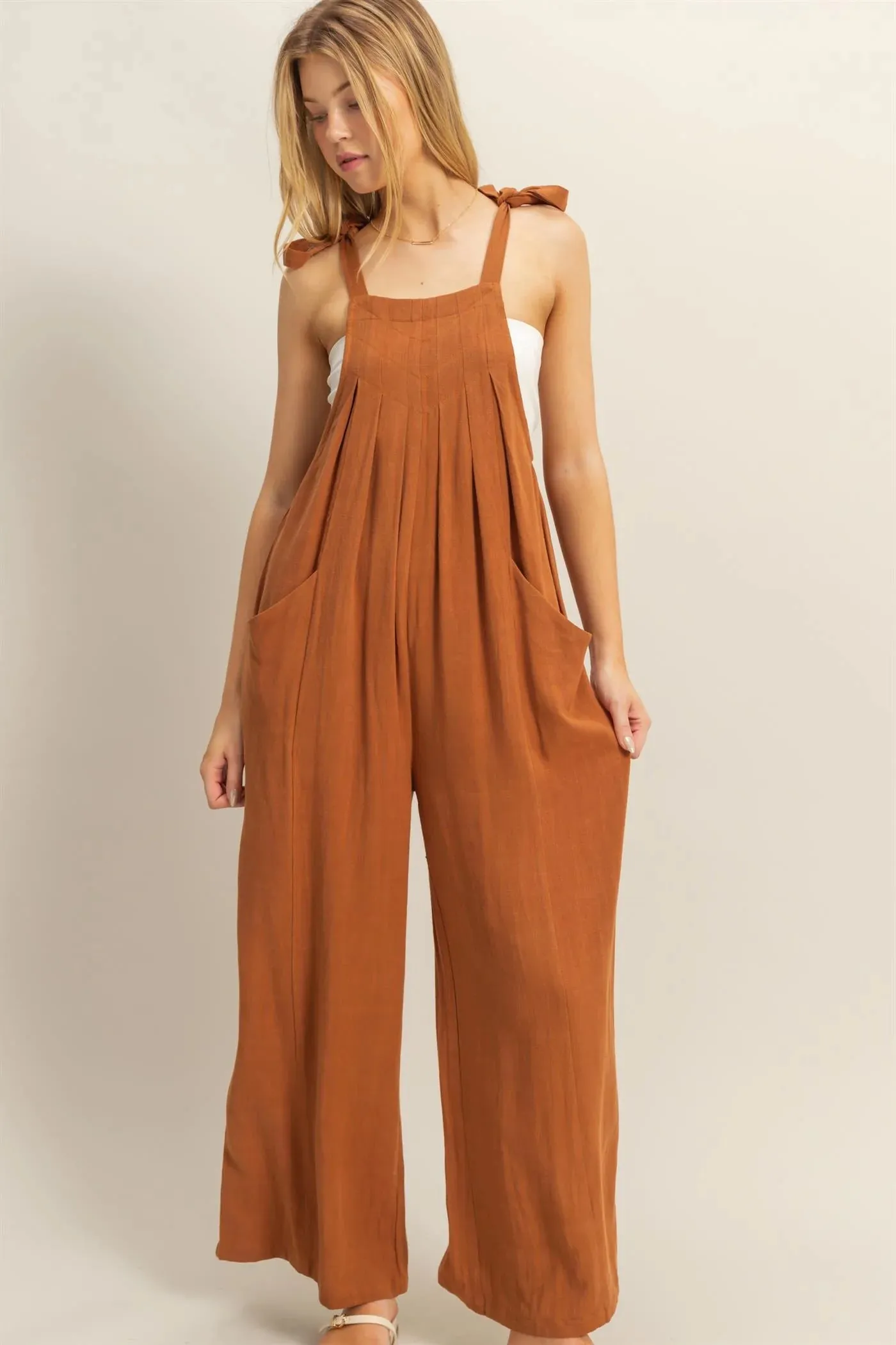 Linen Tie Shoulder Jumpsuit Fashion Focus