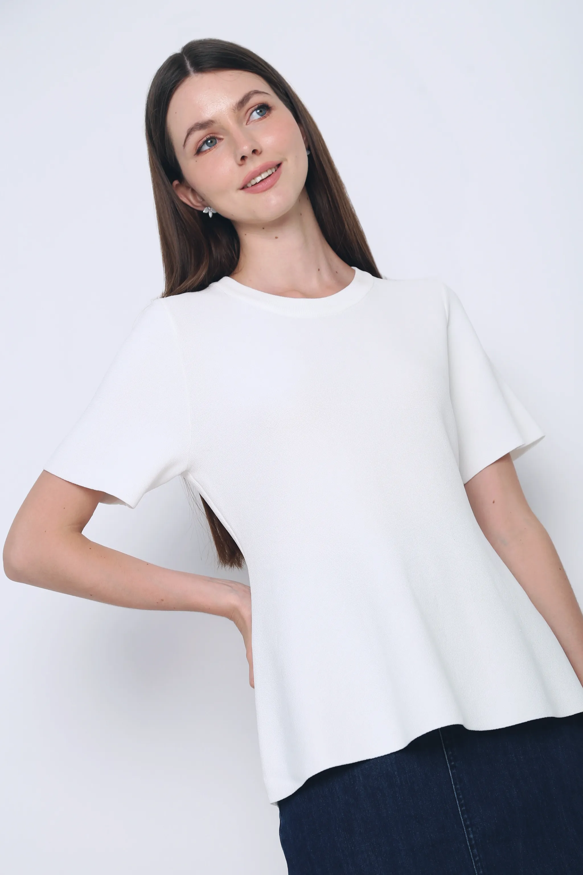 Colbie Babydoll Knit Blouse Powder White Elasticated Trim Flatlock Seams