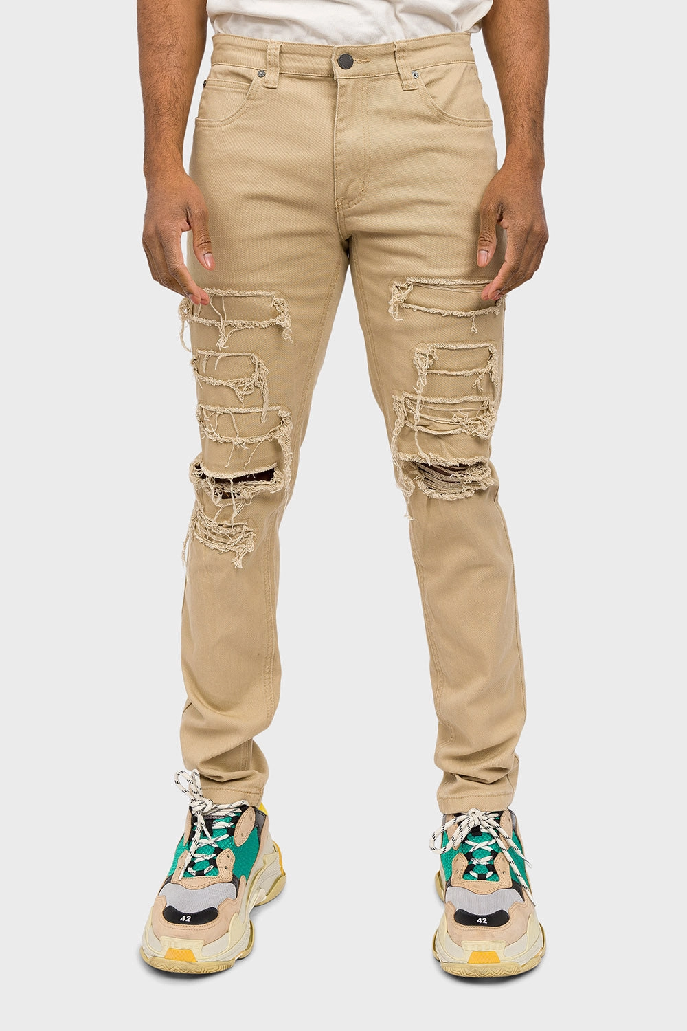 Distressed Solid Color Slim Fit Jeans Non Restrictive Cut Breath Fit