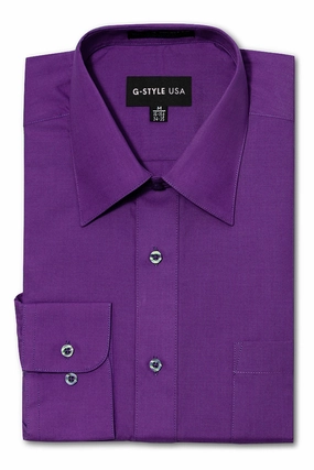 Men's Basic Solid Color Button Up Dress Shirt (Purple) Interlock Weave CompressionSupportWeave