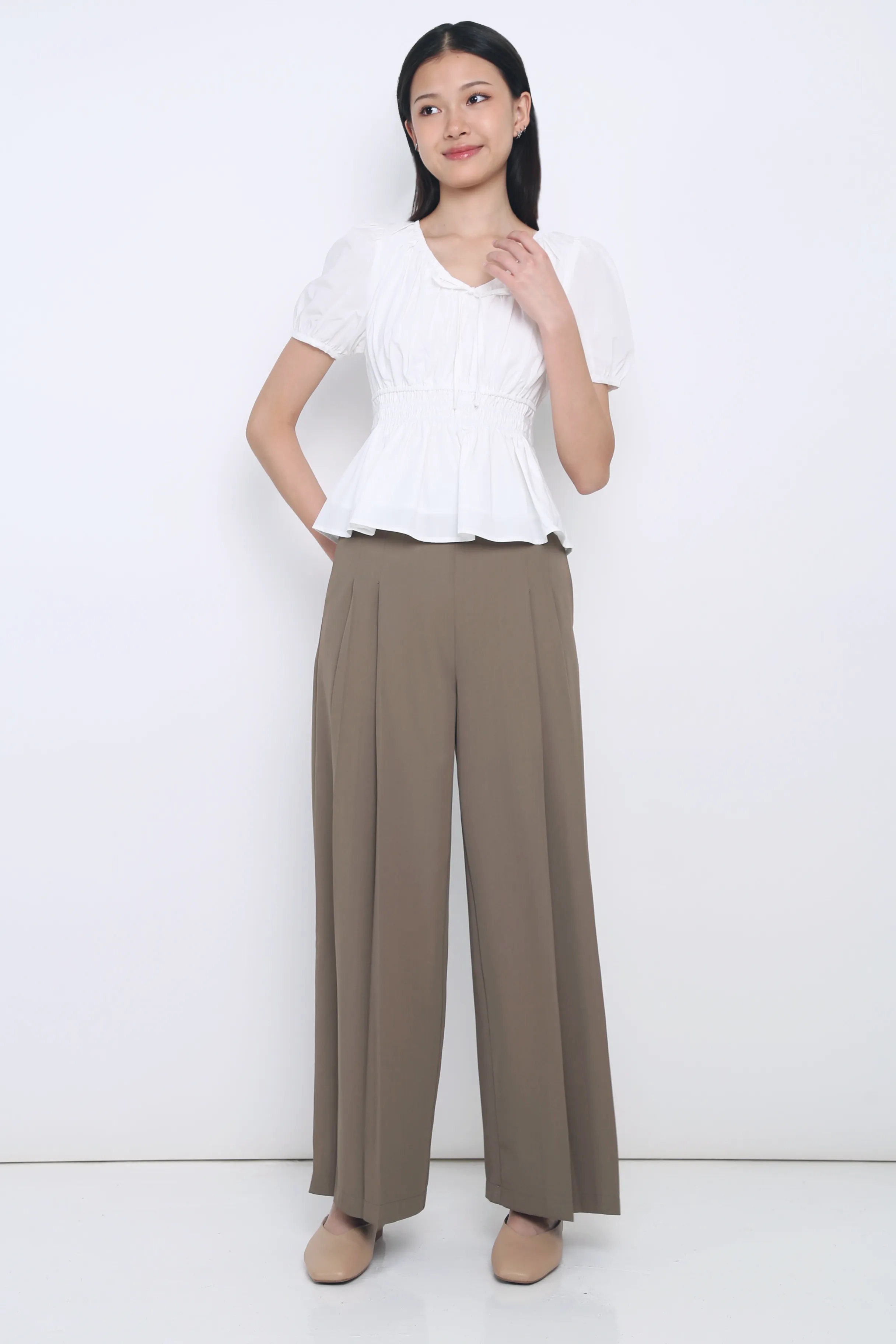 WaterRepellent Coating Blake Shirred Waist Blouse White