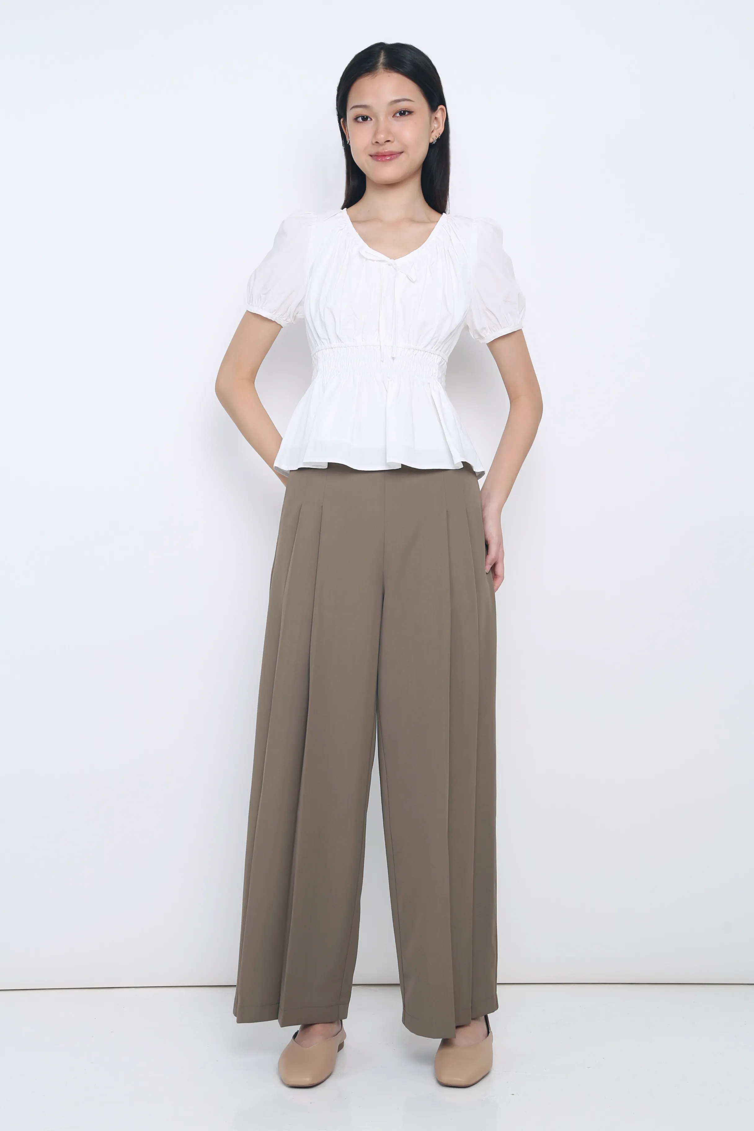 Blake Shirred Waist Blouse White Biodegradable Fiber Composition