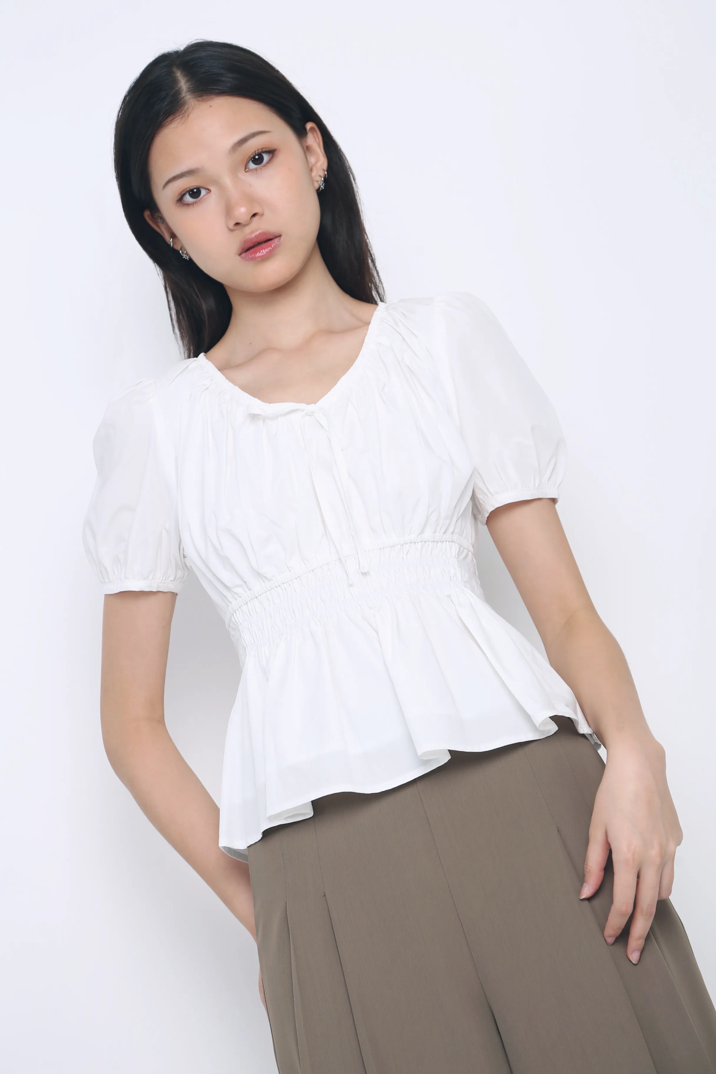 Blake Shirred Waist Blouse White Formal top MinimalistDesign