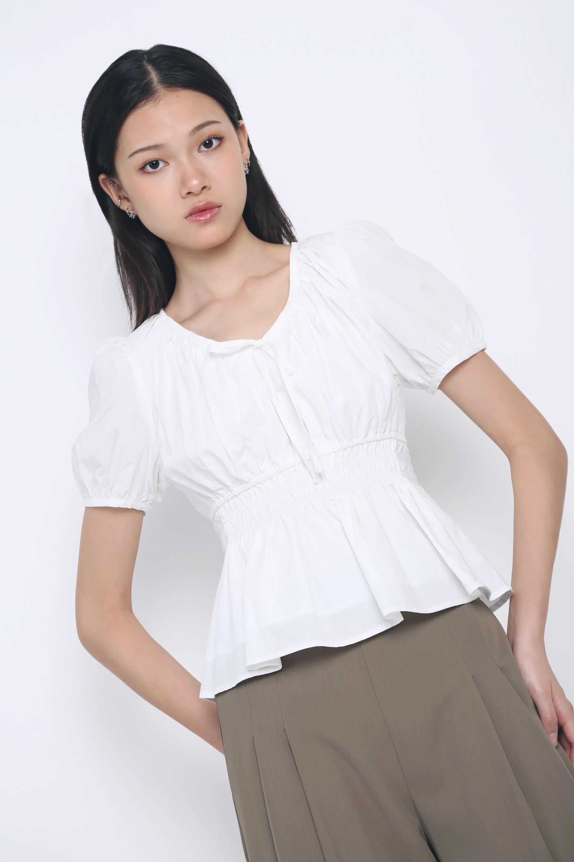 Easy to Wear Blake Shirred Waist Blouse White