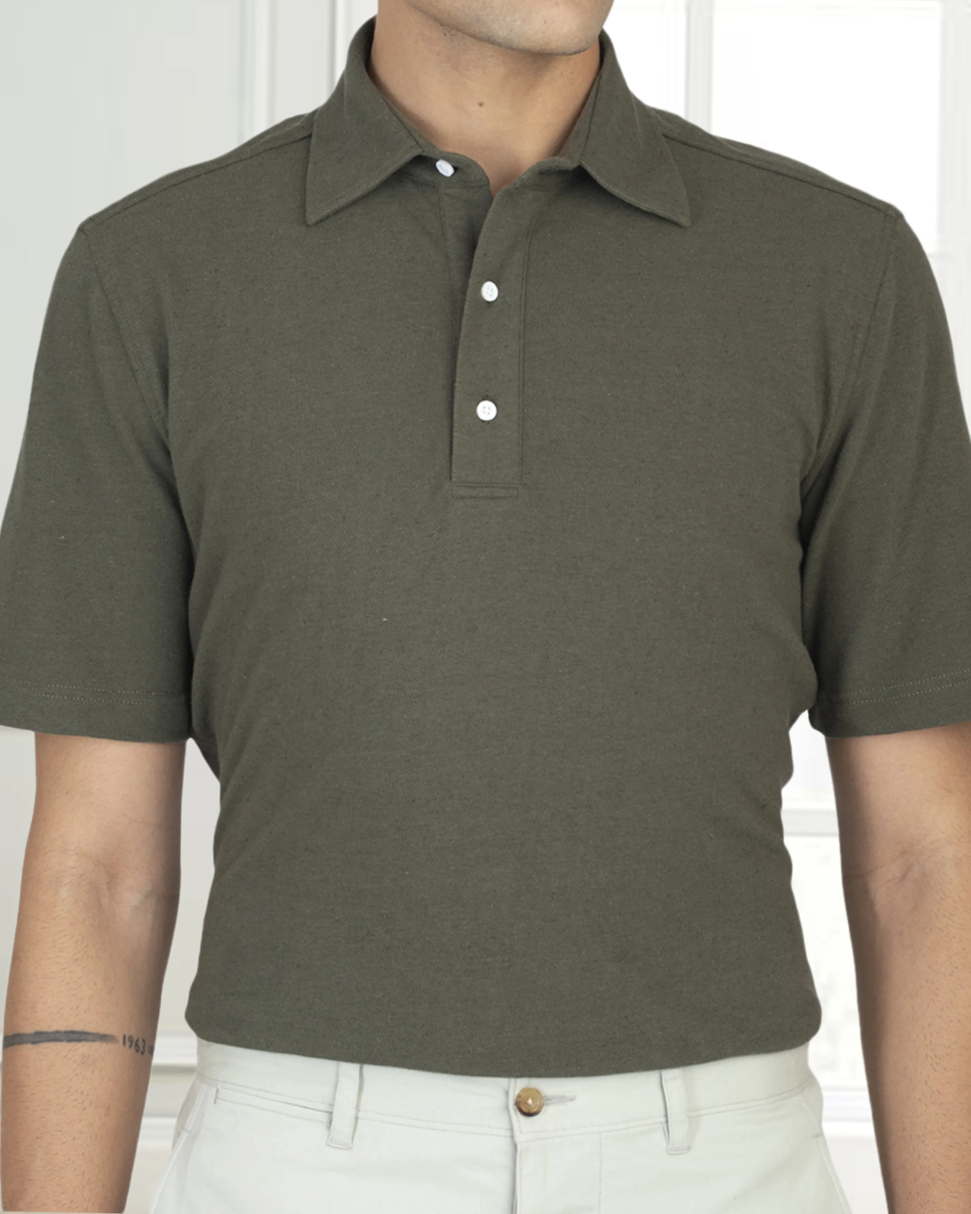 Olive Green Linen Cotton Polo T-Shirt Wrinkle Free Care