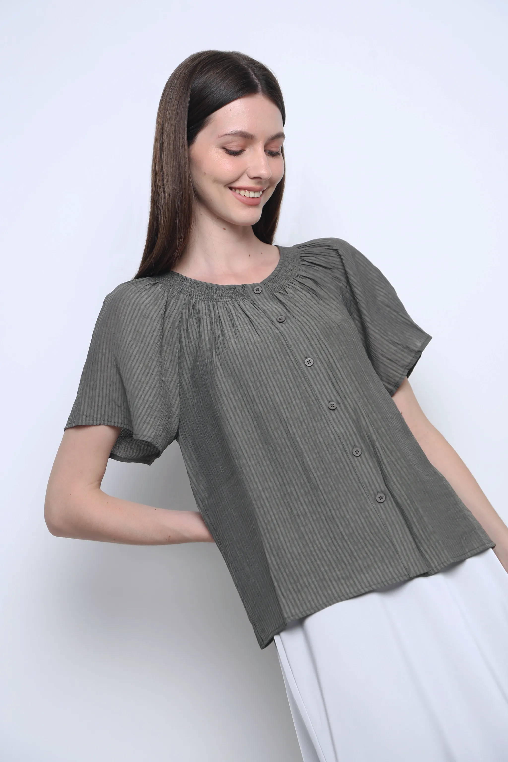 Breezette Smocked Neckline Blouse Smoke Grey Ergonomic Cut Adjustable Hemline