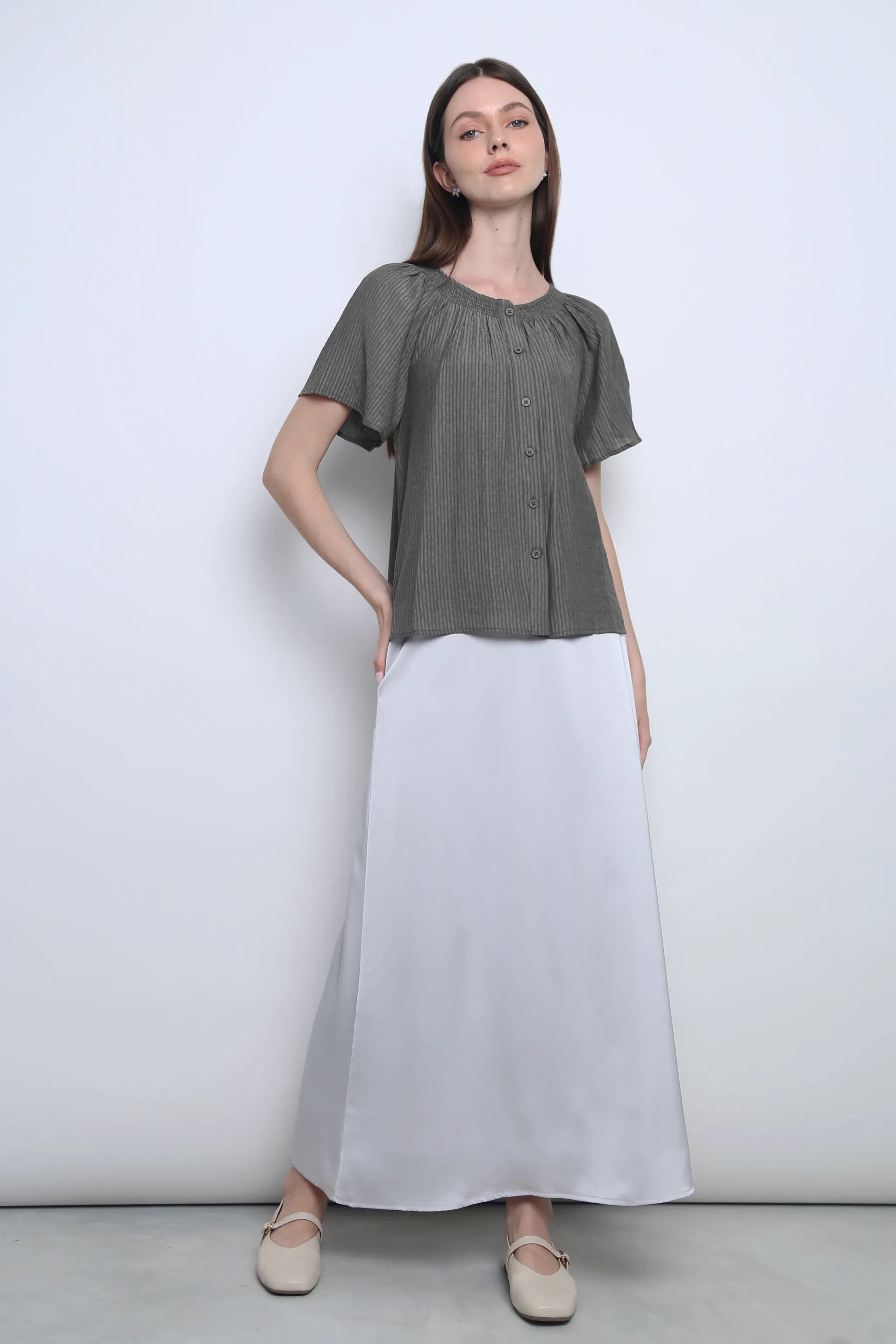 Breezette Smocked Neckline Blouse Smoke Grey Colorfast Dye Method