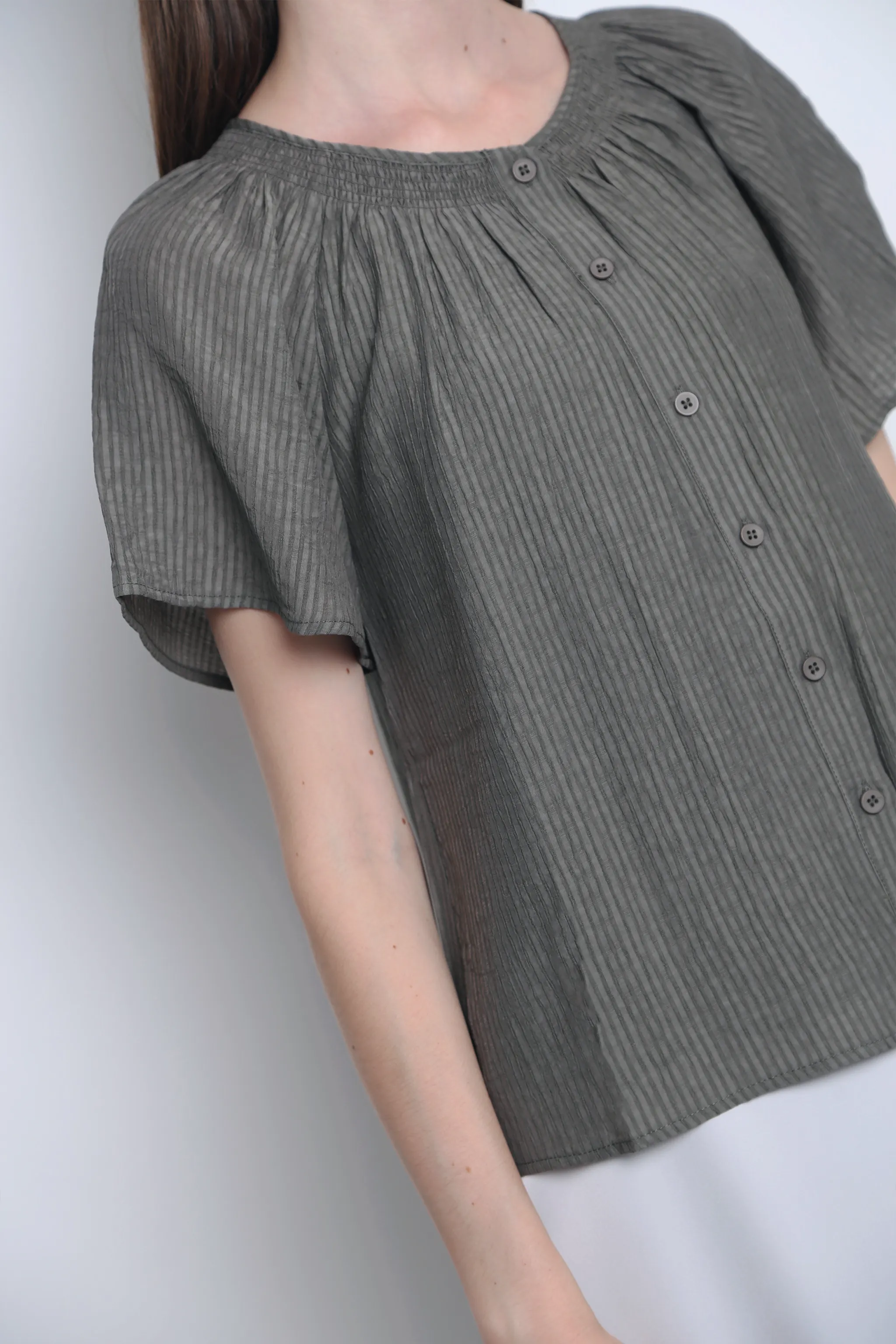 Odor Resistant Technology AbrasionResistantFabric Breezette Smocked Neckline Blouse Smoke Grey