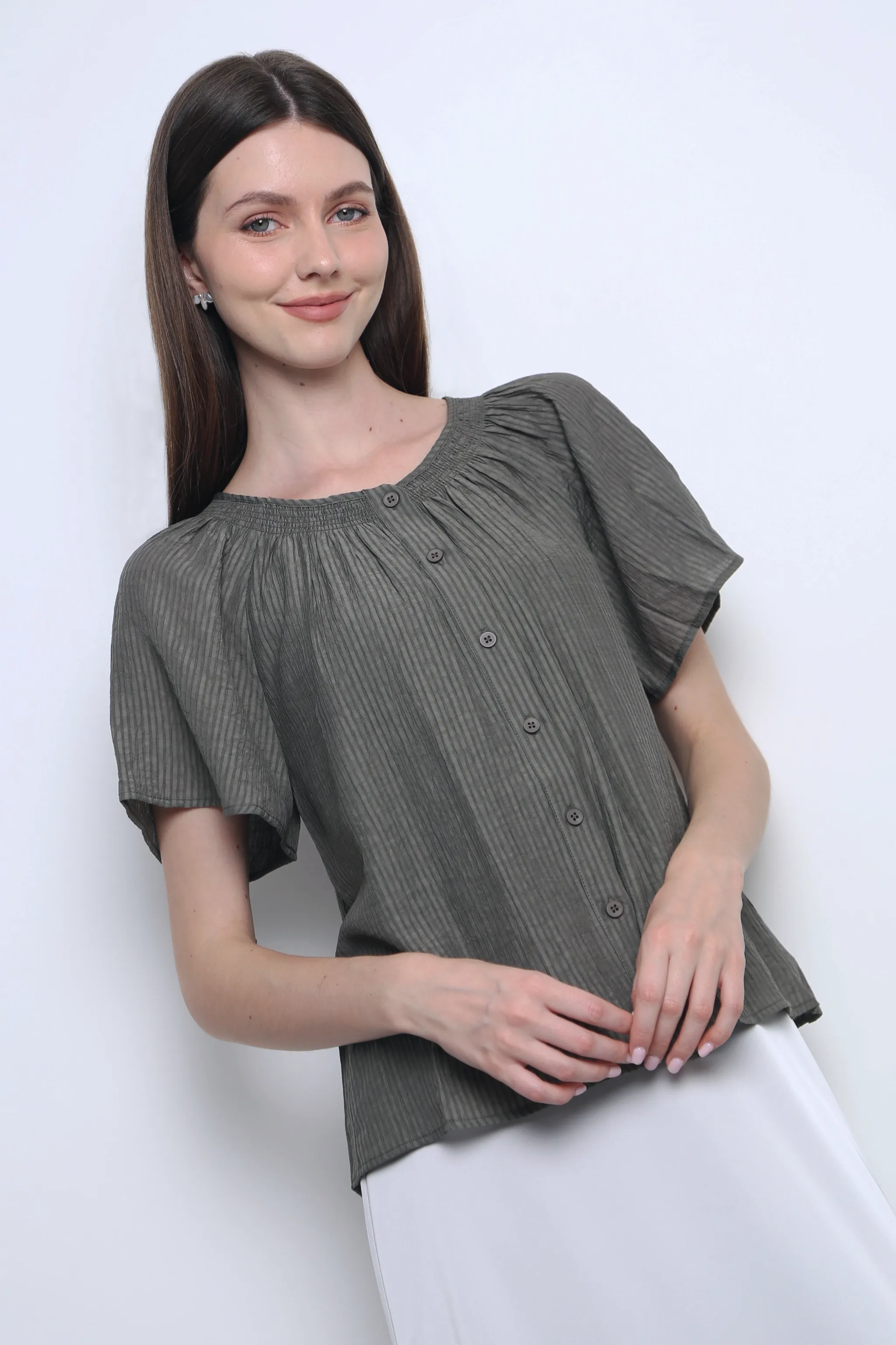 Breezette Smocked Neckline Blouse Smoke Grey AntiPill Texture