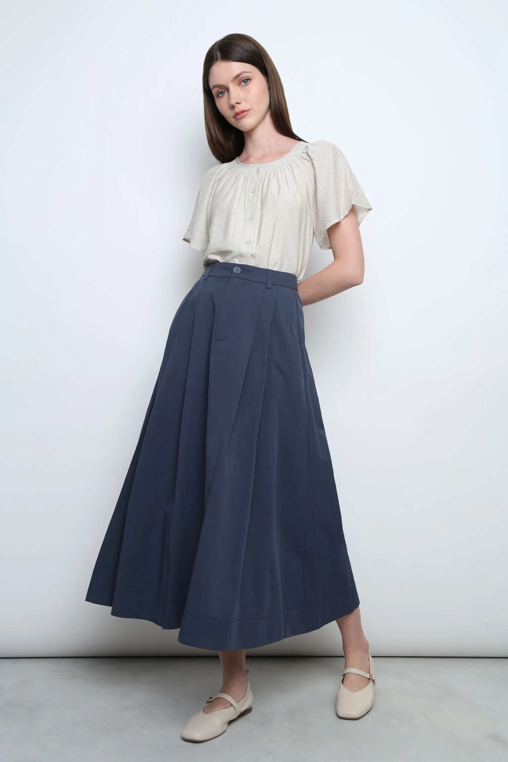 Seattle Pleated Cotton Maxi Skirt Navy Breathable fabric