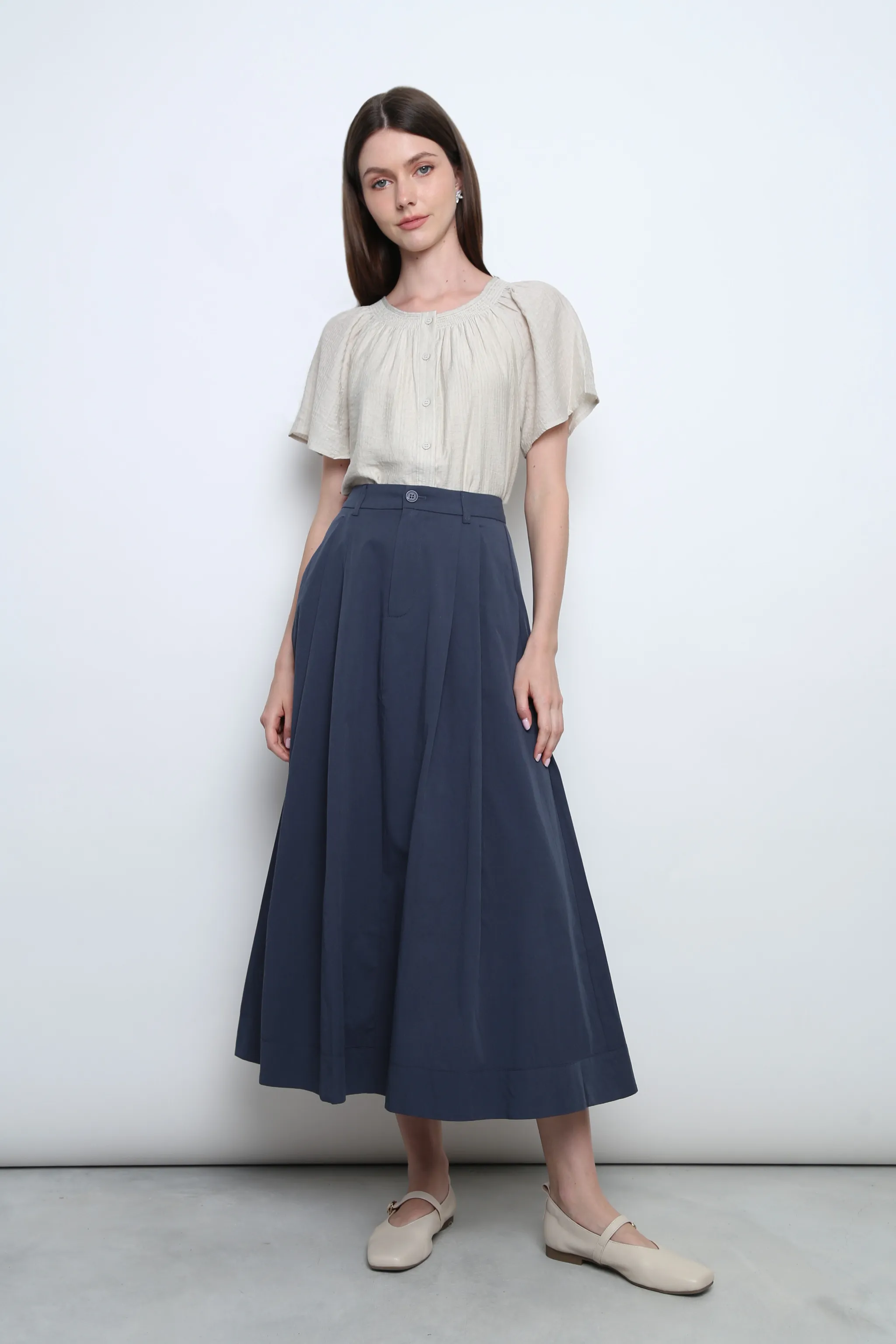 Flexible Motion Wardrobe Hero Seattle Pleated Cotton Maxi Skirt Navy